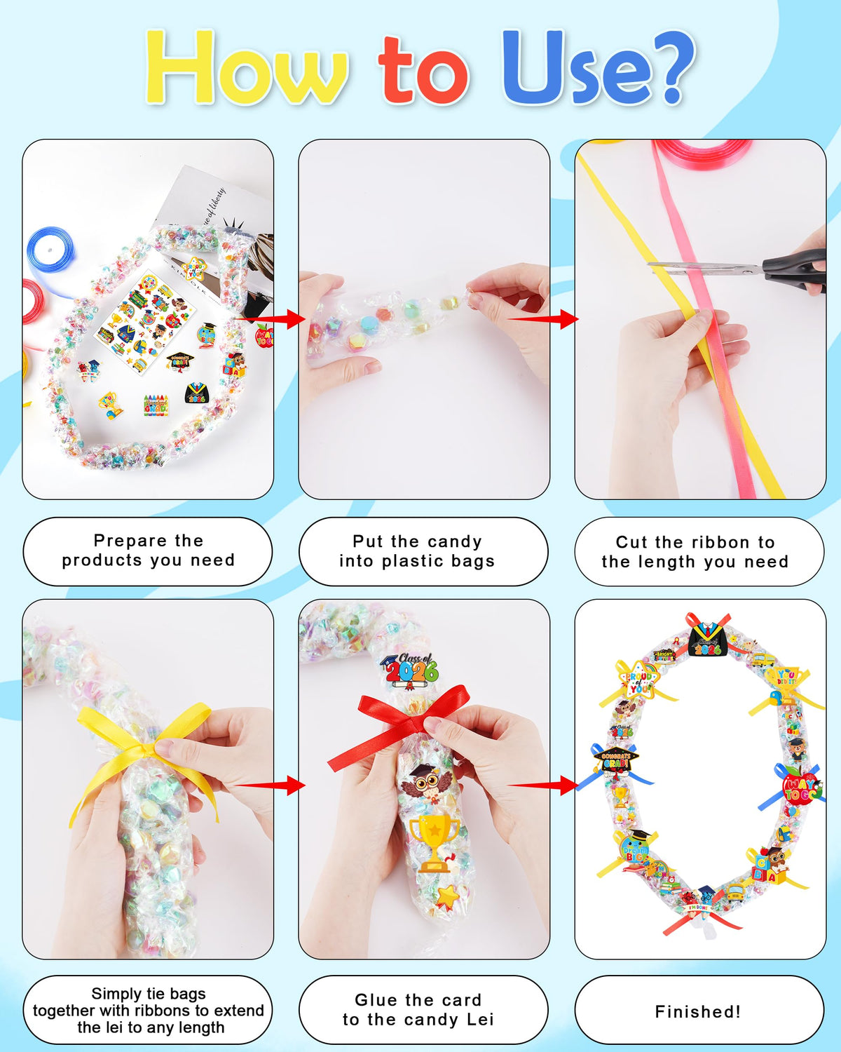 CRASHOT Graduation Candy Lei Making Kit, DIY 2026 Grad Gift Lei Set with 12 Clear Bags, 3 Rolls Satin Ribbon (Red/Blue/Gold), 6 Sticker Sheets & 10