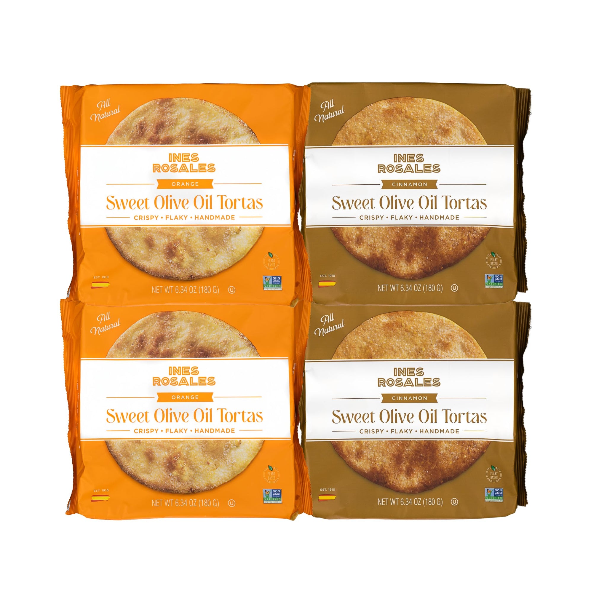 Ines Rosales Tortas Bundle - 2 Cinnamon + 2 Orange - Handcrafted Spanish Olive Oil Tortas, Flavorful Citrus and Spiced Delight