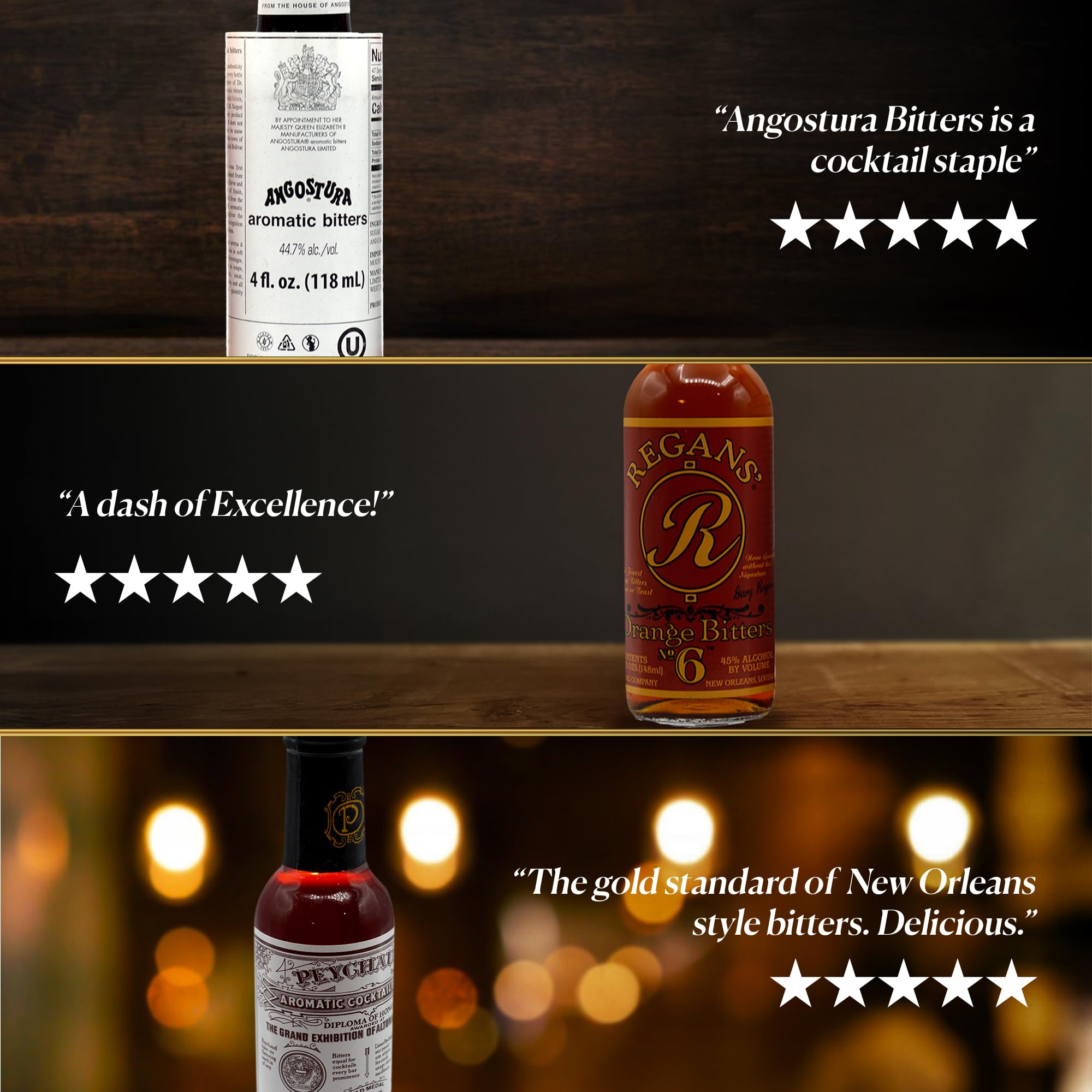 Bitters Triple Play Cocktail Bitters for Old Fashioned Cocktails Gift Set-Angostura Aromatic 4oz, Peychauds Aromatic 5oz, Regans Orange No 6 5oz
