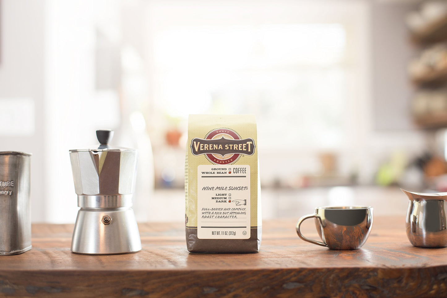 Verena Street 11 Ounce Whole Bean Coffee, Dark Roast, Nine Mile Sunset, Rainforest Alliance Certified Arabica Coffee