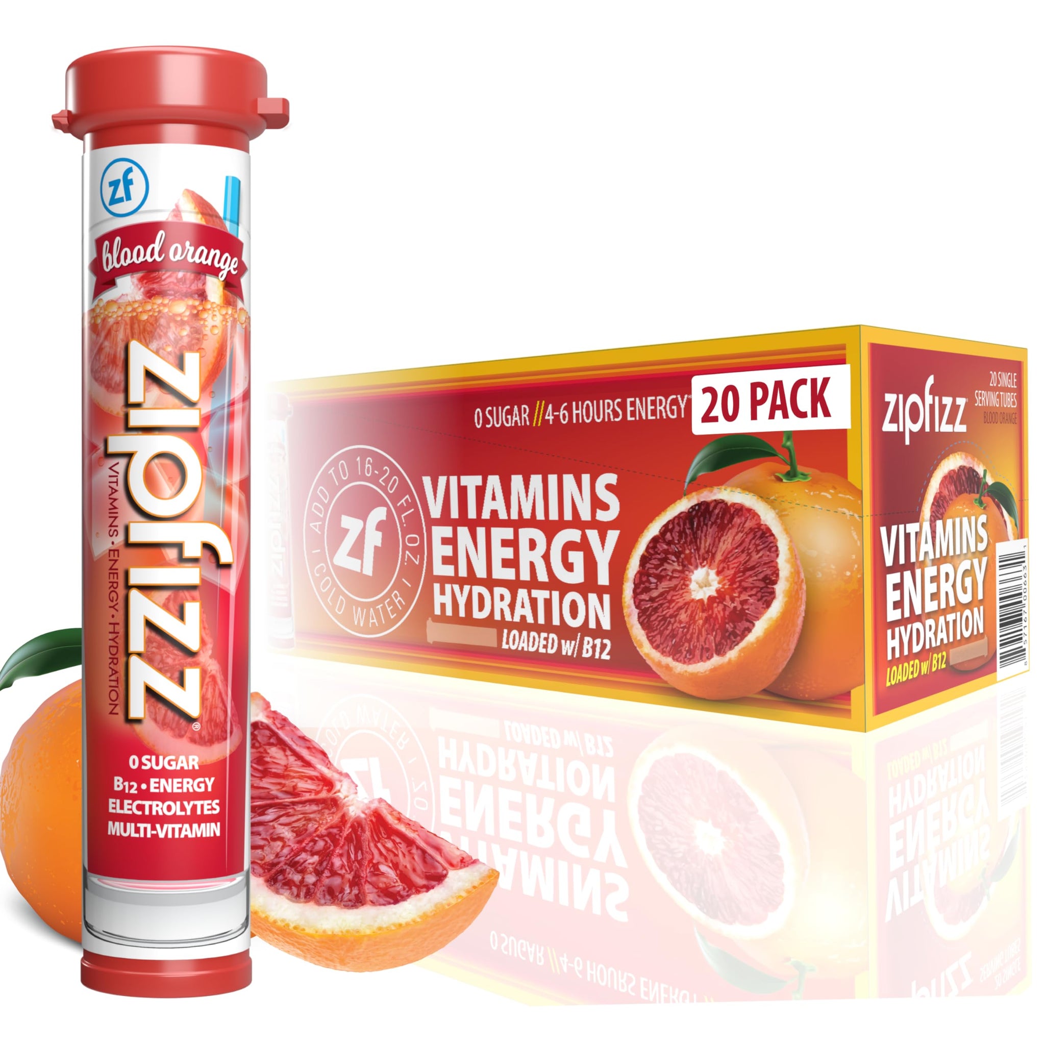 Zipfizz Daily Energy Drink Powder, Blood Orange, 20 Pack | 3-in-1 Sustained Energy, Rapid Hydration, and Essential Vitamins | Sugar-Free | Electrolyte
