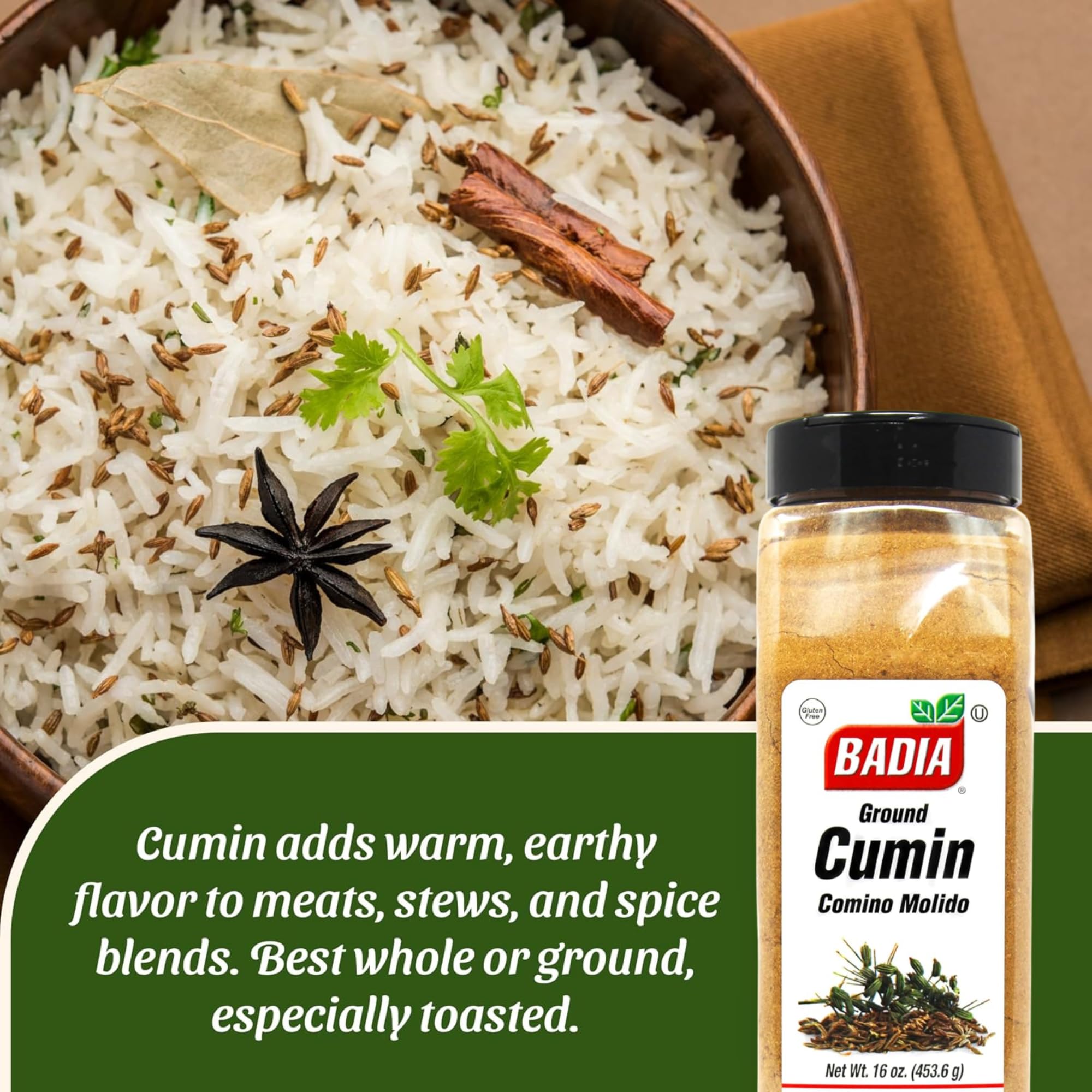 Badia Ground Cumin, 16 oz - Comino Powder for Authentic Aromatic Flavor in Cooking, Baking & Seasoning