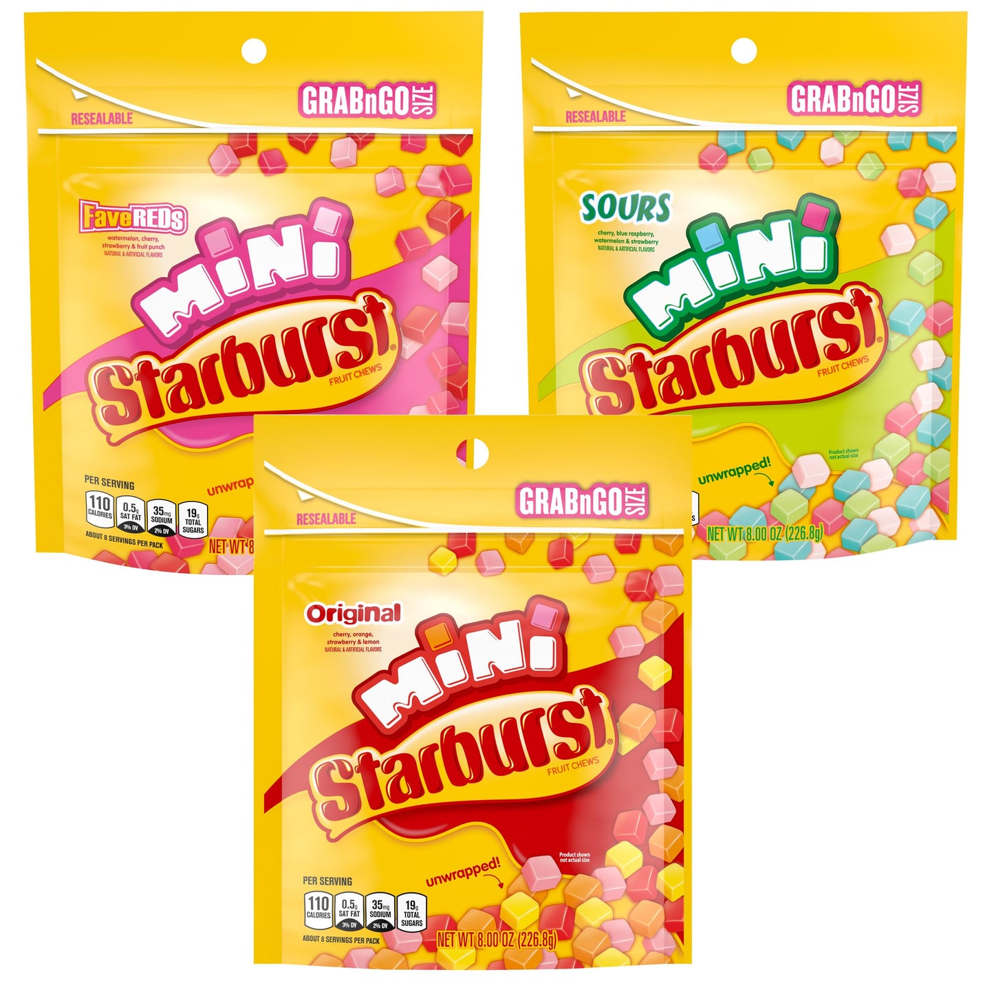 Mini 3 Assorted Flavors Stand Up Pouch Unwrapped, 8 Ounce (Pack of 3), Orignal, Sours & FaveReds