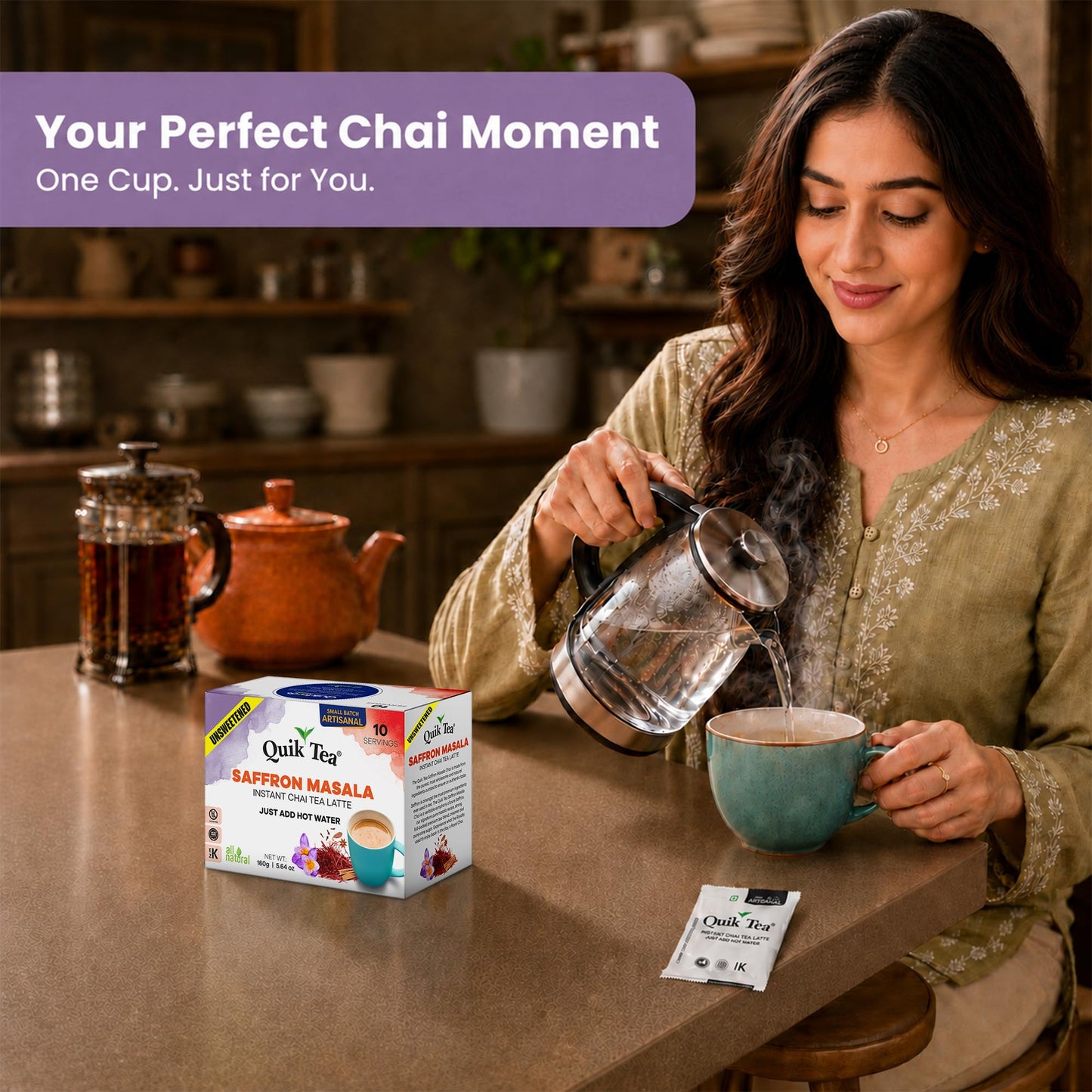 QuikTea Instant Saffron Masala Chai Tea Latte Unsweetened, 10 Single-Serve Sachets, Artisanal Indian Chai Latte Mix, Just Add Hot Water, Low Caffeine