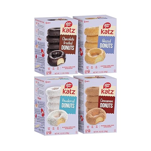 Katz Gluten Free Top 4 Donut Flavors Snack. Powdered, Glazed, Cinnamon, Chocolate Frosted. Free of Dairy, Soy, Tree Nuts and Peanuts, Kosher.