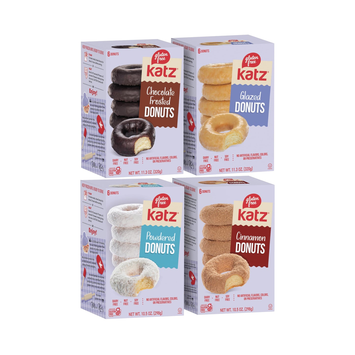 Katz Gluten Free Top 4 Donut Flavors Snack. Powdered, Glazed, Cinnamon, Chocolate Frosted. Free of Dairy, Soy, Tree Nuts and Peanuts, Kosher.