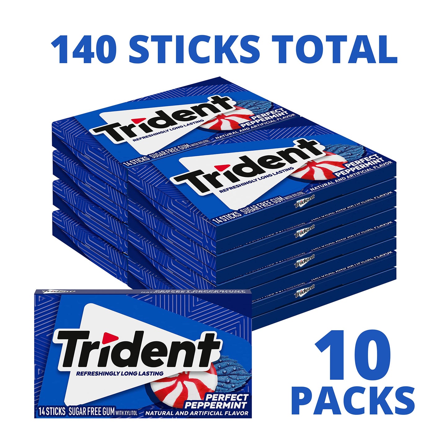 Trident Perfect Peppermint Sugar Free Gum, 10 Packs of 14 Pieces (140 Total Pieces)