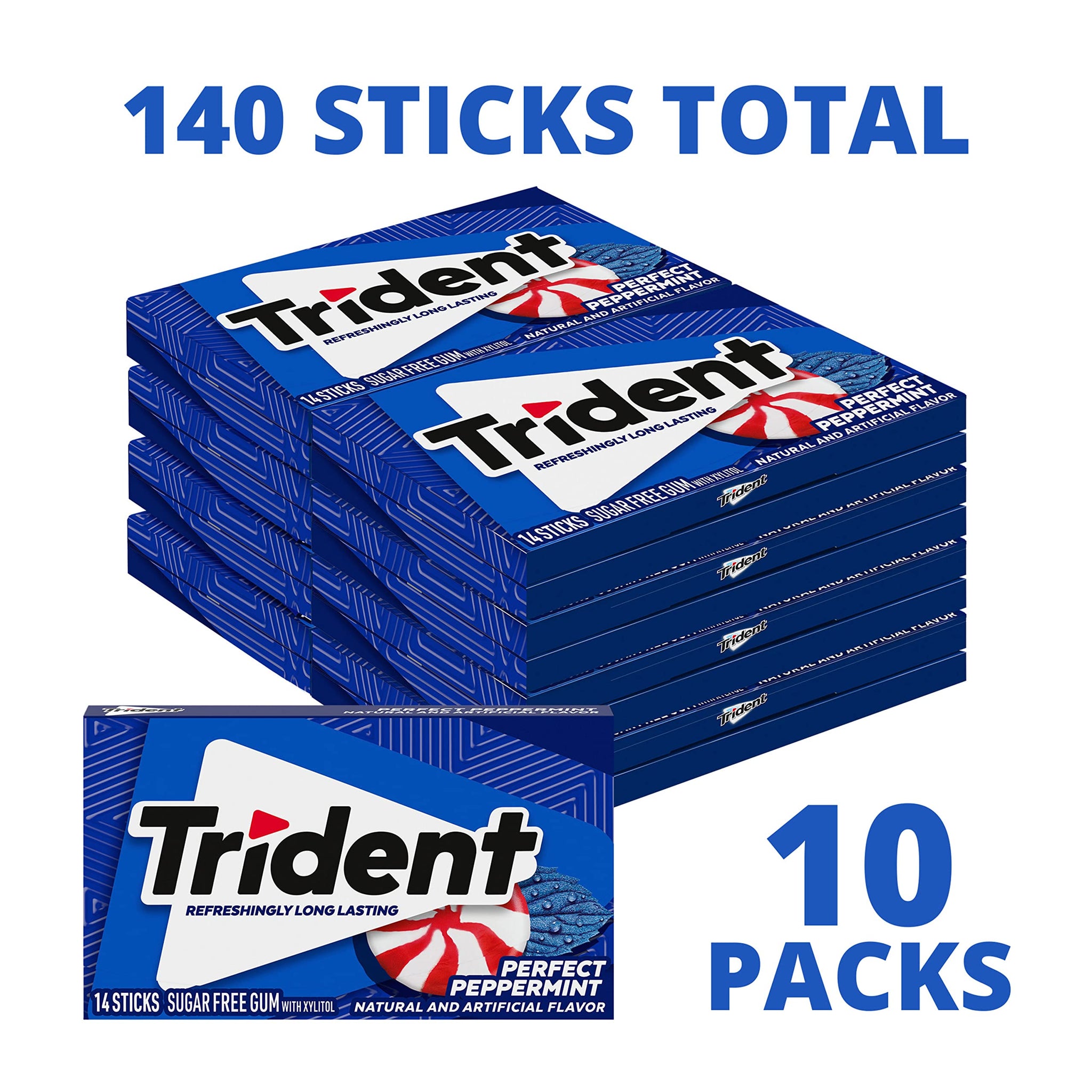 Trident Perfect Peppermint Sugar Free Gum, 10 Packs of 14 Pieces (140 Total Pieces)