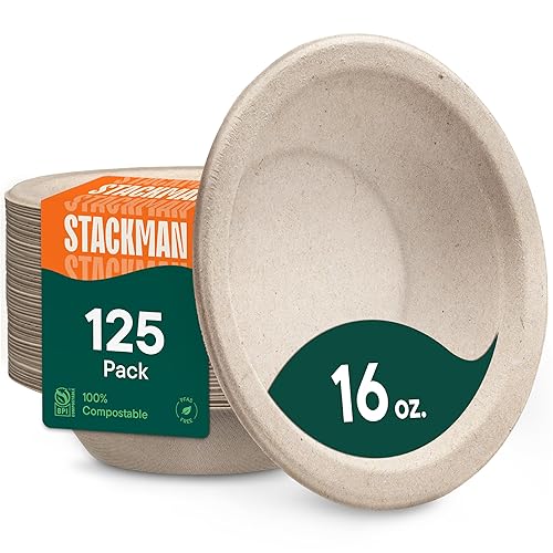 Paper Bowls, 100% Compostable Disposable Soup Bowl [125-Pack] - PFAS-Free - BPI Certified - [16 oz] Heavy Duty, Eco-Friendly, Biodegradable Bagasse