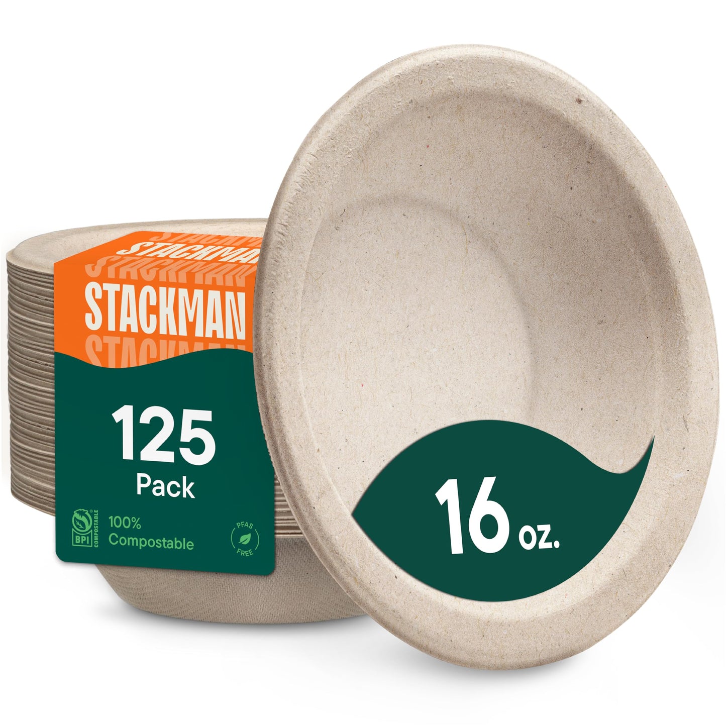 Paper Bowls, 100% Compostable Disposable Soup Bowl [125-Pack] - PFAS-Free - BPI Certified - [16 oz] Heavy Duty, Eco-Friendly, Biodegradable Bagasse