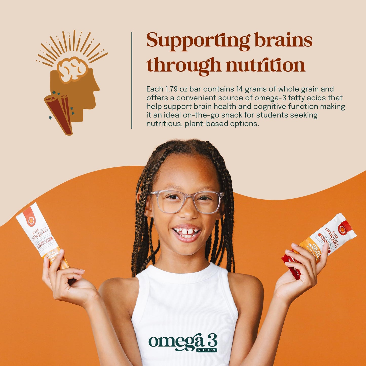 Eat Omega 3 Cinnamon Granola Bar - Gluten-Free, Dairy-Free, Plant-Based Protein Snack with Omega-3 & Omega-6, Low Sugar, Non-GMO - 1.79oz, 12 Count