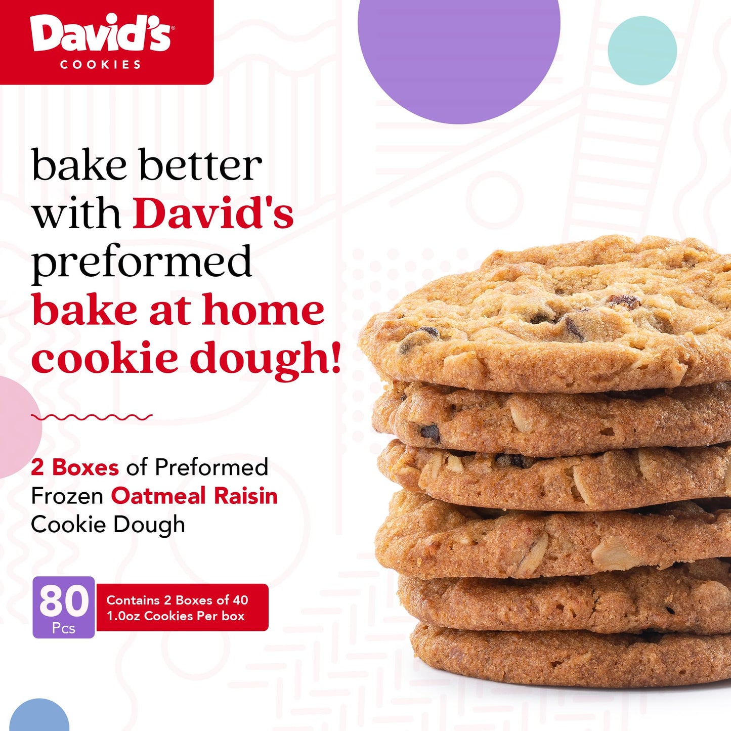 David's Cookies Preformed Frozen Cookie Dough - Oatmeal Raisin, Ready-to-Bake Cookies, 80 Count