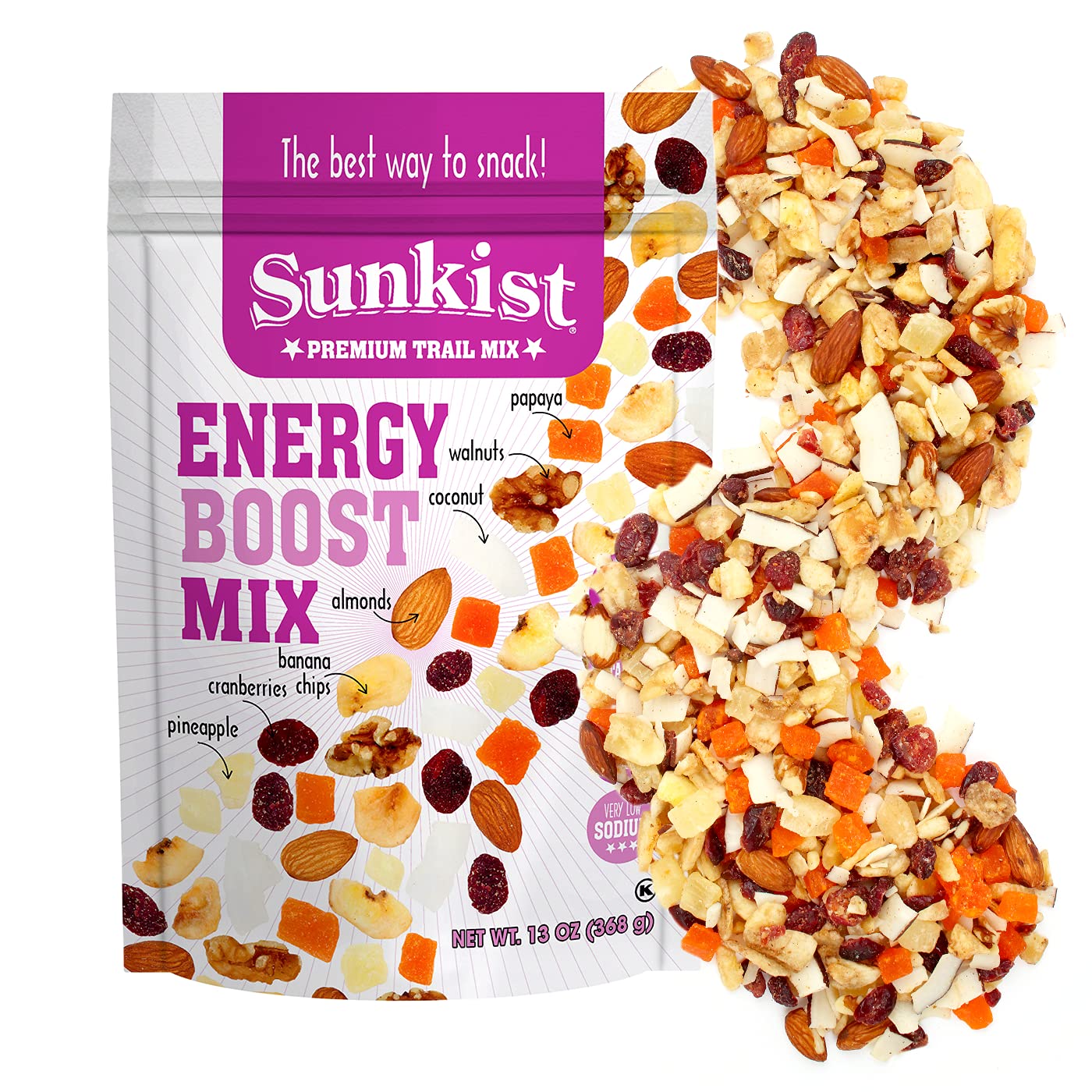 Sunkist® Energy Boost Trail Mix - Fruit and Nut Mix, Low Sodium, Gluten Free Snack with Papaya, Walnuts, Coconut, Almonds, Banana Chips, Cranberries
