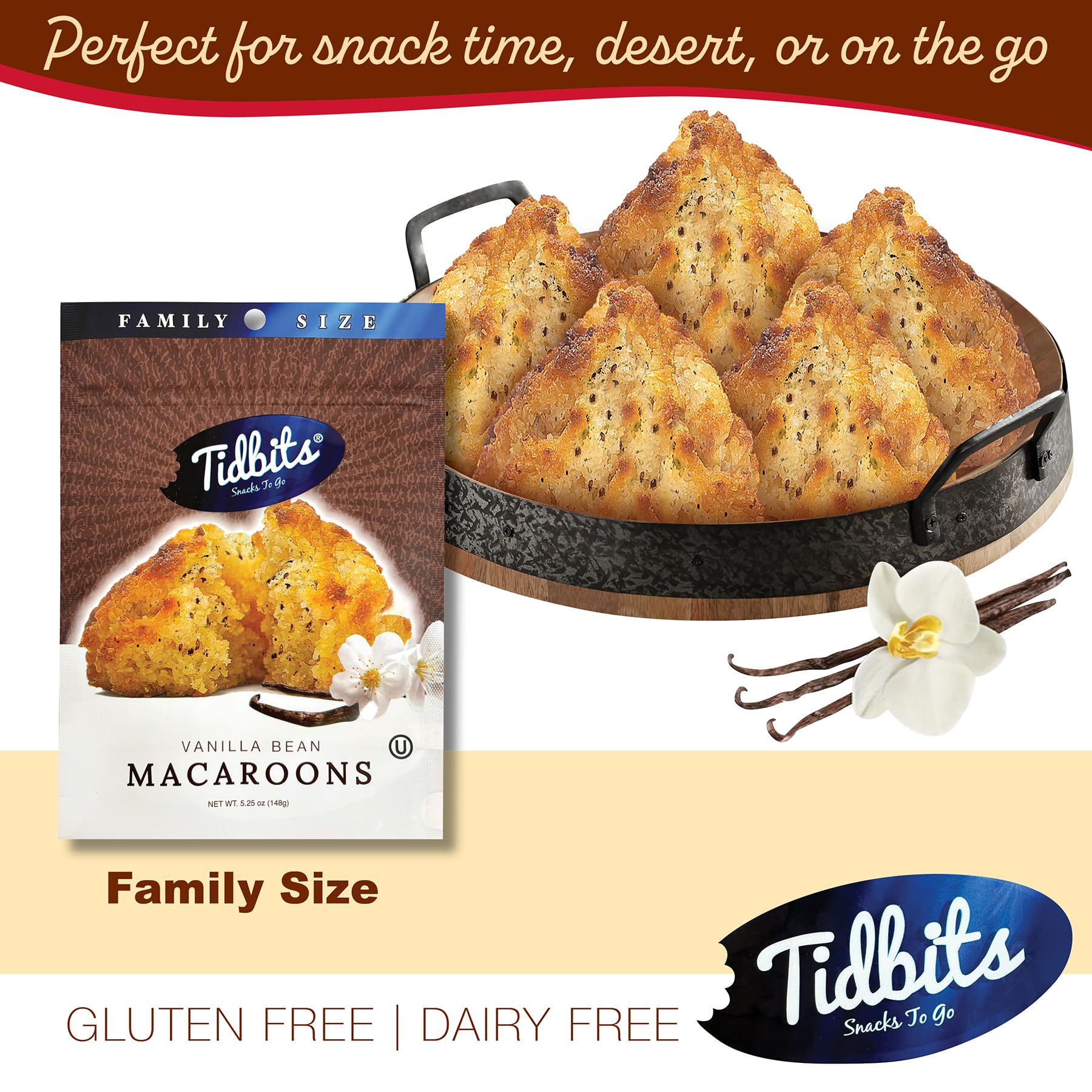 Tidbits Snacks To Go Vanilla Bean Macaroons - 5.25 oz. Family Size, Gourmet Gluten-Free Snack Treats, Delicious Vegan Dairy-Free Cookies