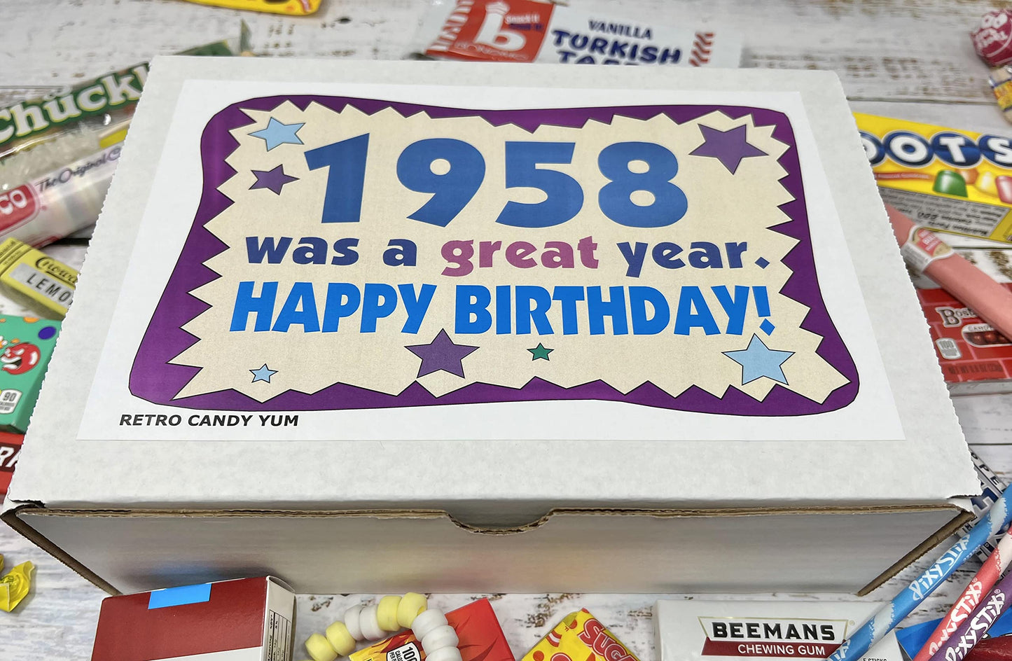 RETRO CANDY YUM ~ 1958 68th Birthday Gift Box Nostalgic Candy Mix from Childhood for 68 Year Old Man or Woman Born 1958 Jr