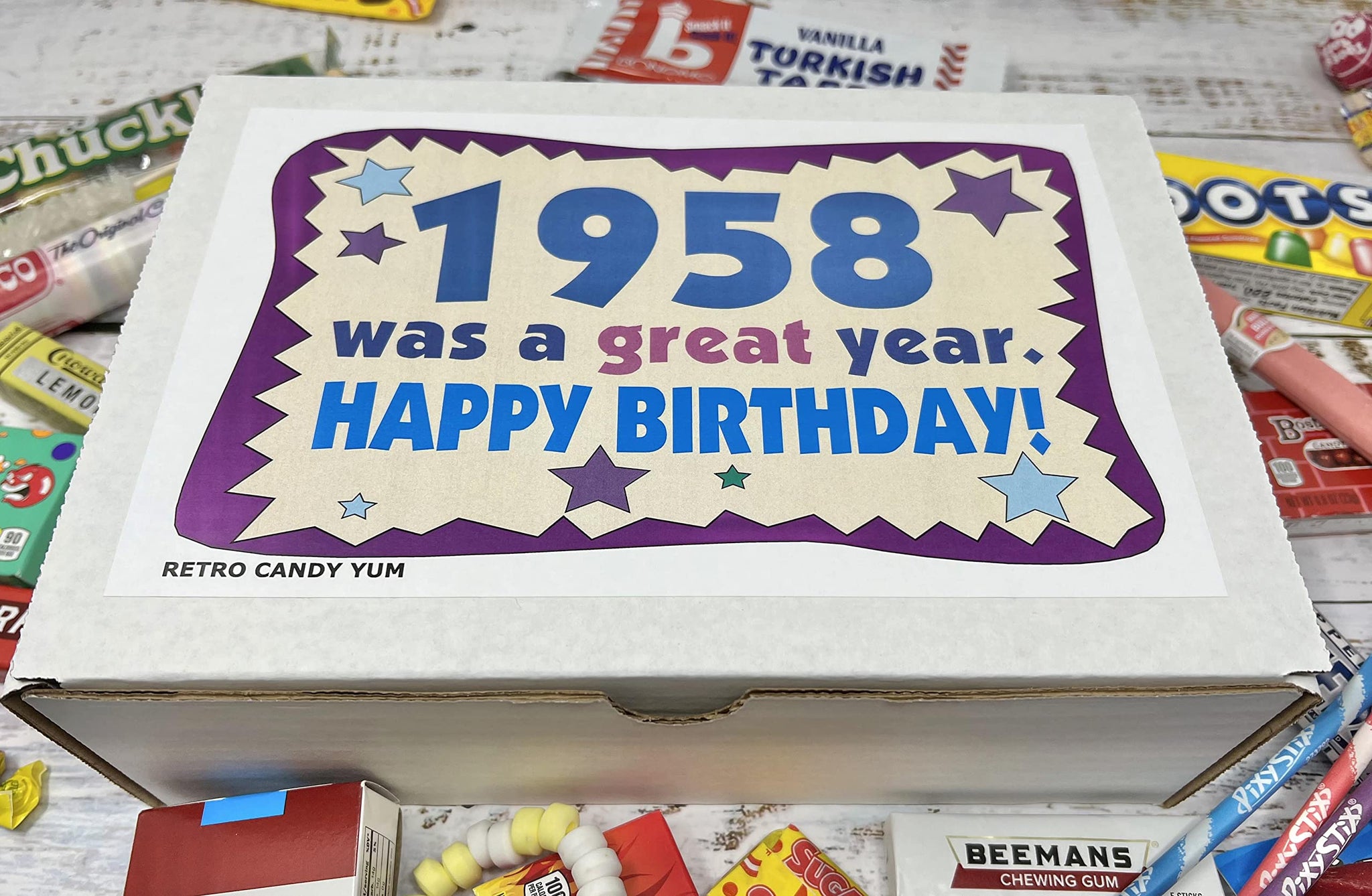 RETRO CANDY YUM ~ 1958 68th Birthday Gift Box Nostalgic Candy Mix from Childhood for 68 Year Old Man or Woman Born 1958 Jr