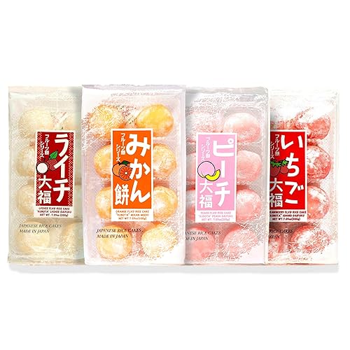Japan Crate Kubota Mochi Fruity Delights Pack - 4-Pack Japanese Mochi Candy, Soft & Chewy Rice Cakes with Real Fruit Paste, Strawberry, Lychee