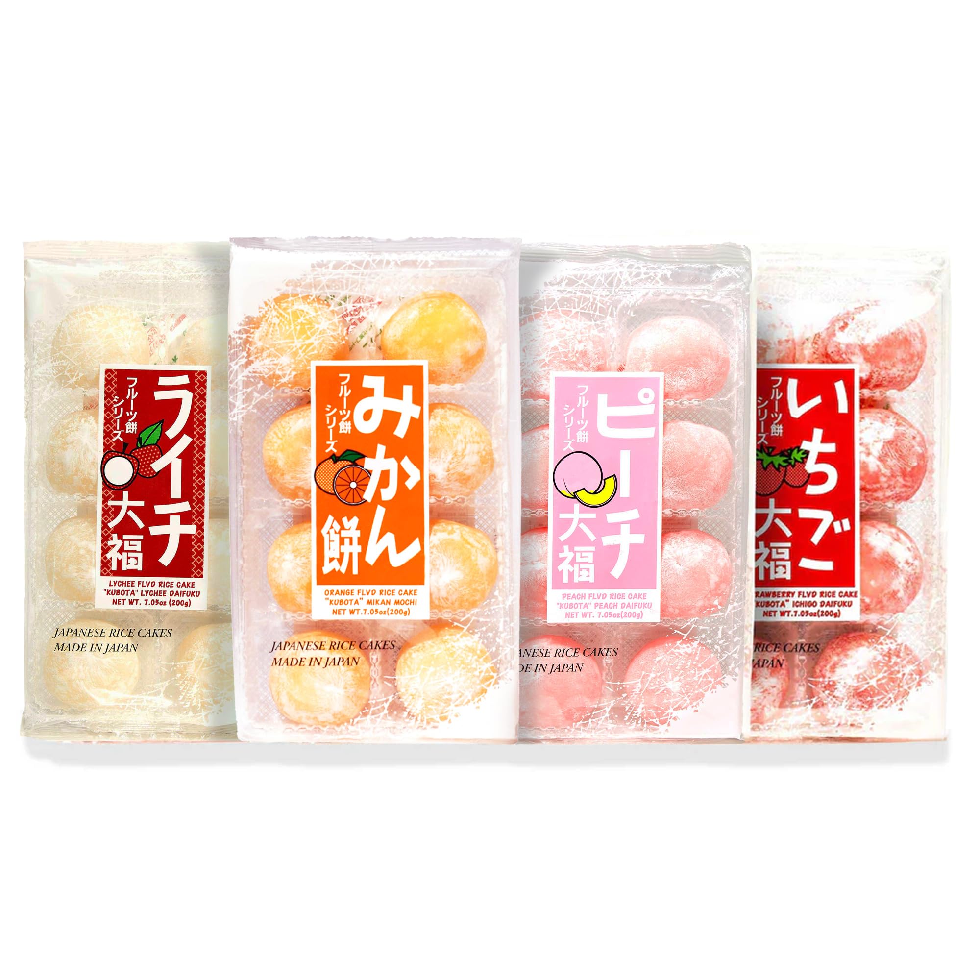 Japan Crate Kubota Mochi Fruity Delights Pack - 4-Pack Japanese Mochi Candy, Soft & Chewy Rice Cakes with Real Fruit Paste, Strawberry, Lychee