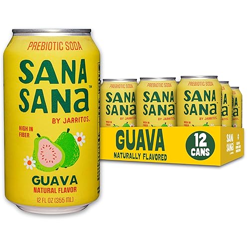Sana Sana by Jarritos - Mexican Prebiotic Soda Soft Drinks, Guava (12 oz, 355ml) 12 Cans - 40 Calories, 10g of Fiber - Low Sugar - Natural Flavor Soda