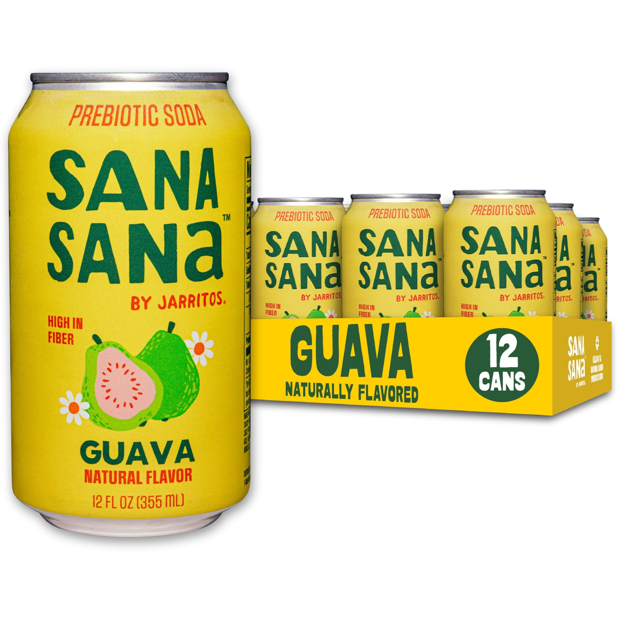Sana Sana by Jarritos - Mexican Prebiotic Soda Soft Drinks, Guava (12 oz, 355ml) 12 Cans - 40 Calories, 10g of Fiber - Low Sugar - Natural Flavor Soda