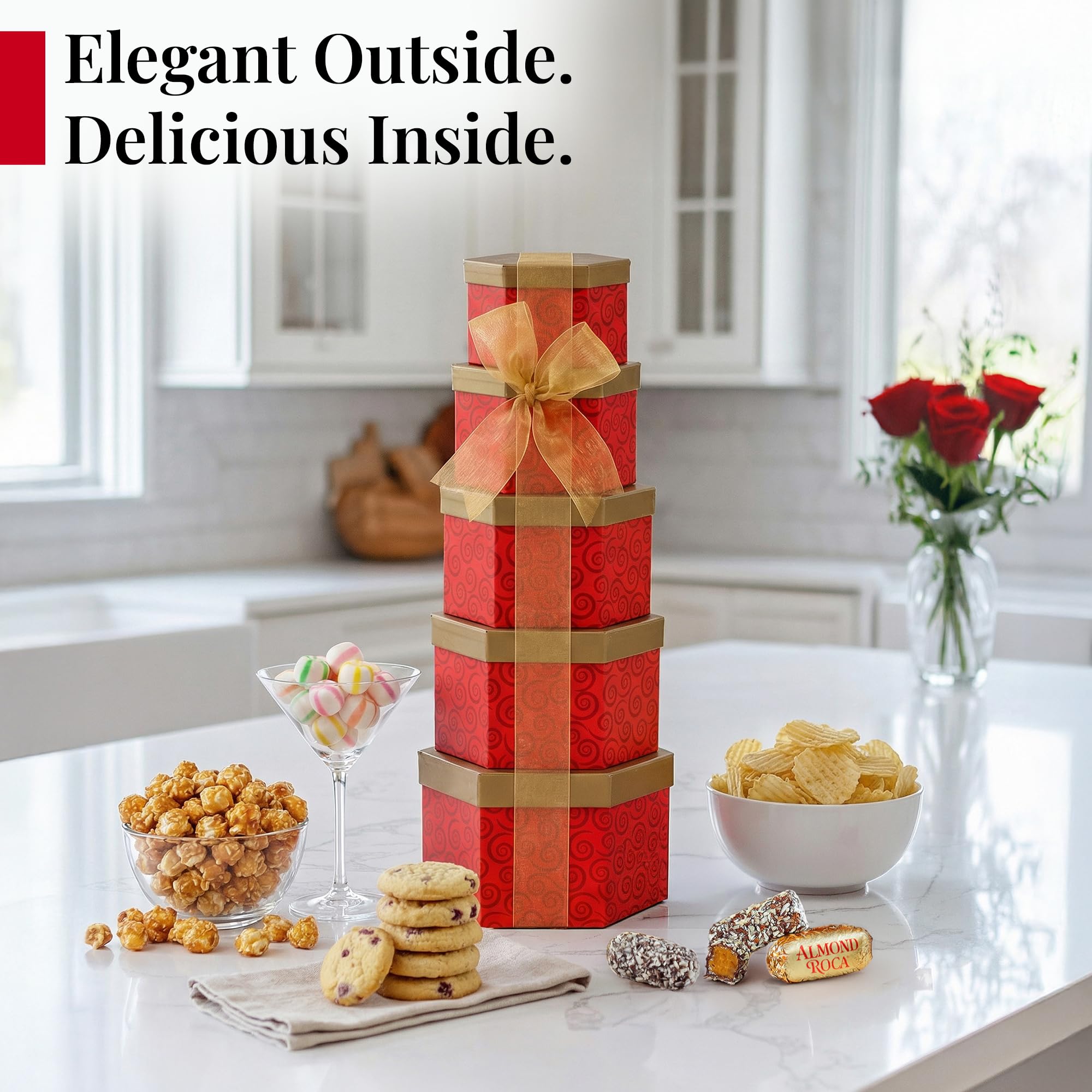 Broadway Basketeers Snacks and Sweets Ruby Red Gift Basket Tower, Anniversary, Birthday, Thinking of You for Women, Mom, Step-Mother, Wife