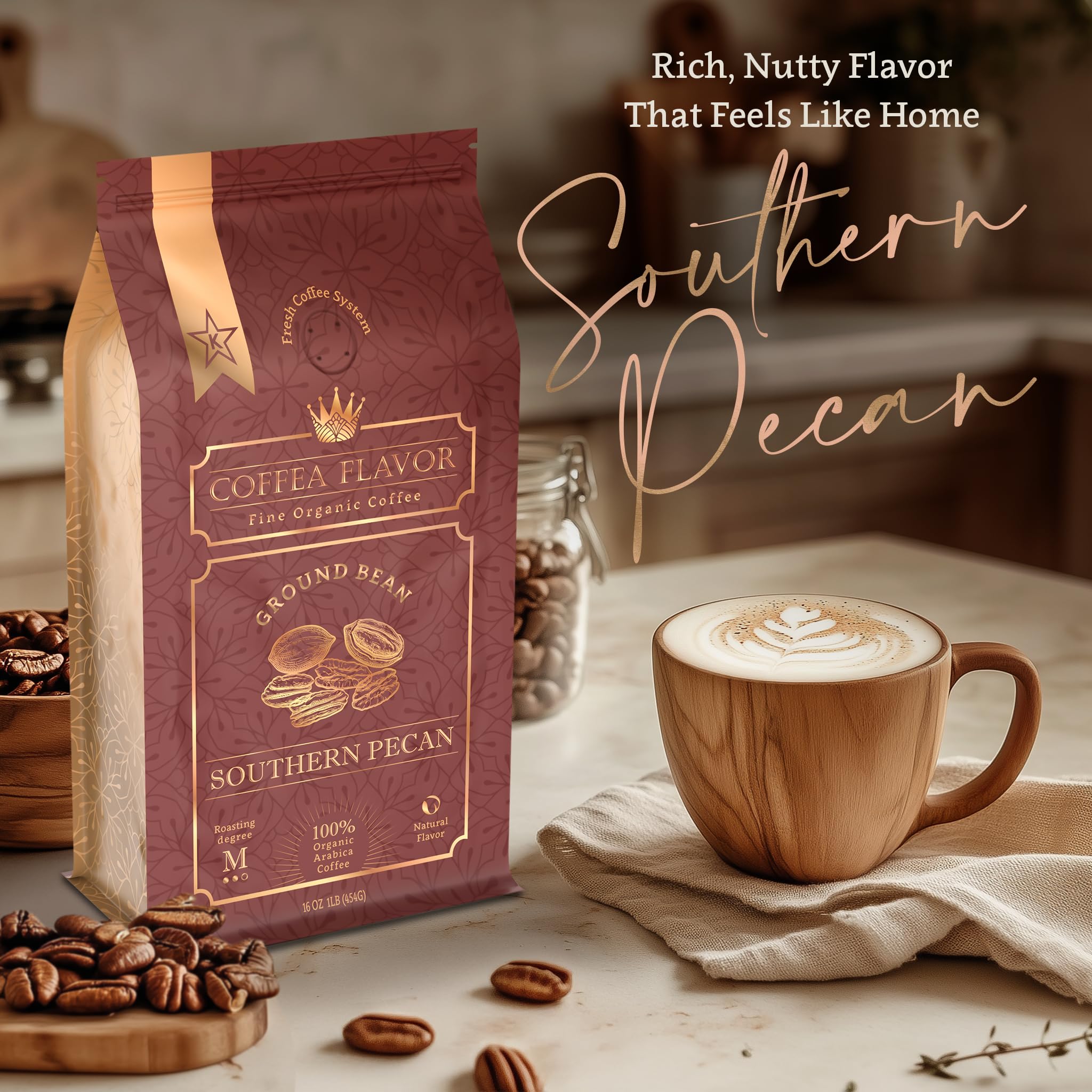 Southern Pecan Flavored Ground Coffee - Medium Roast, 100% Arabica, Single Origin - Organic, Naturally Flavored, No Artificial Additives - by Coffea