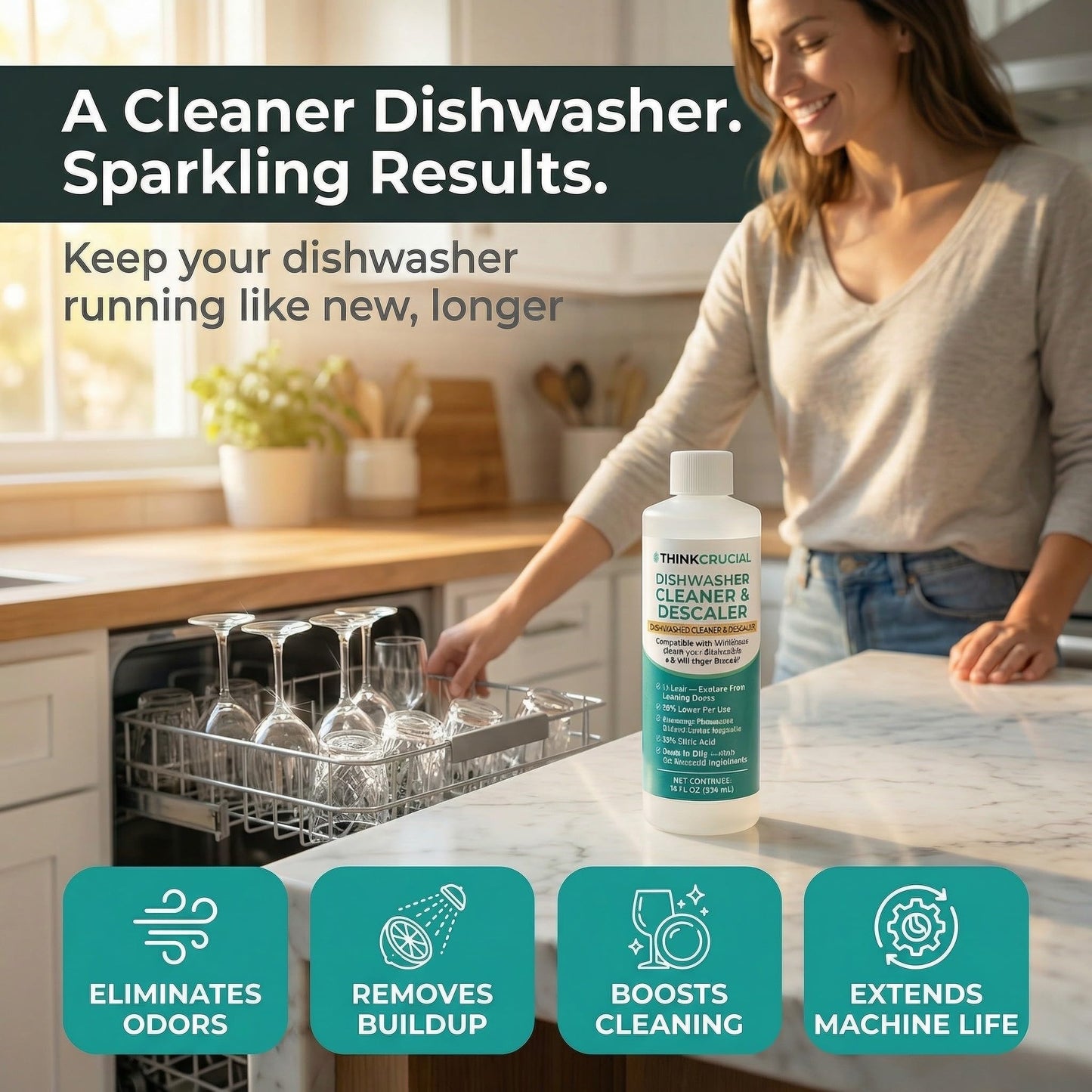 Think Crucial Dishwasher Cleaner & Descaler, 15 Uses, 75% Savings Per Use - 32% Citric Acid Liquid Concentrate - Whirlpool, Bosch, KitchenAid