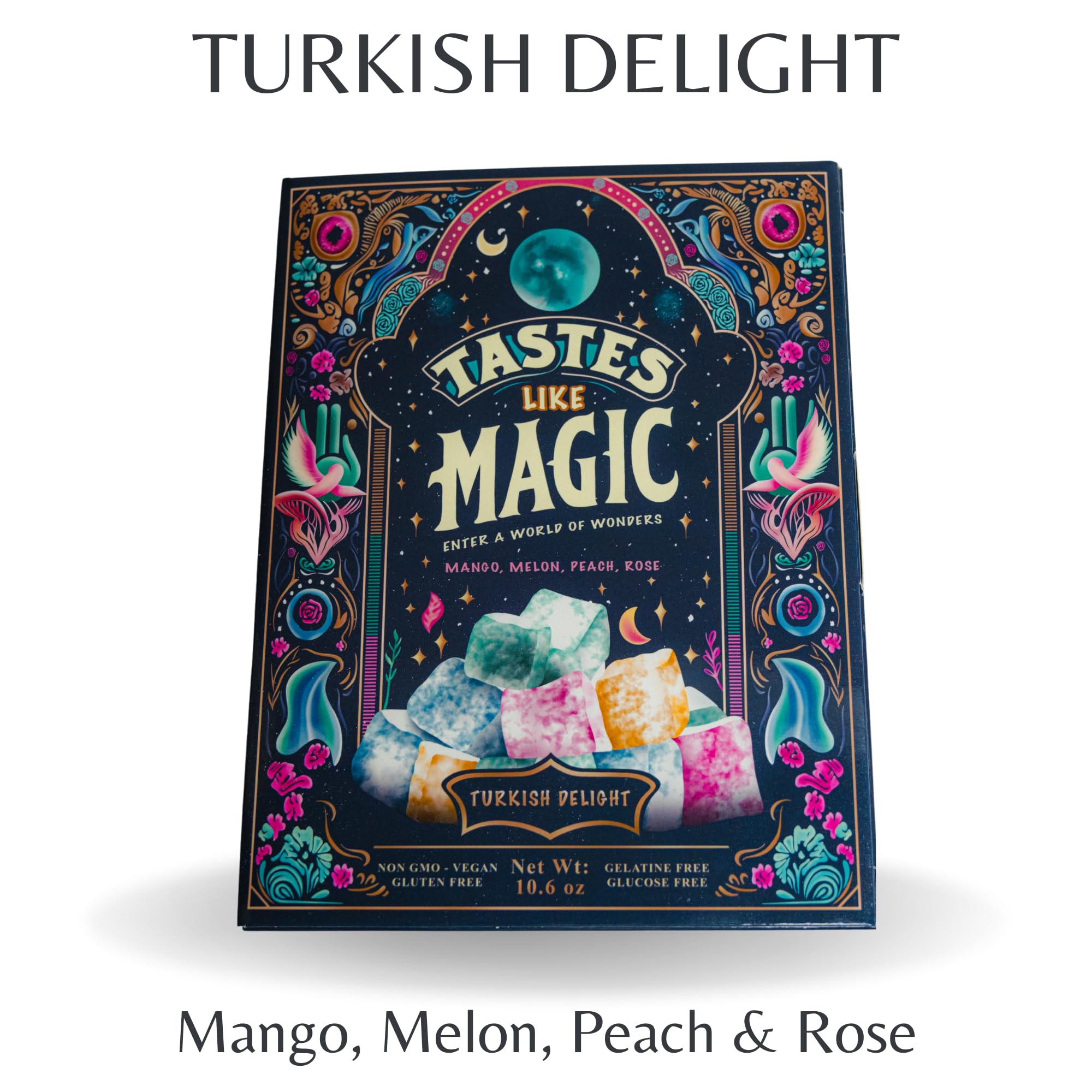 Tastes Like Magic Turkish Delight, Mix Fruit Mango Melon Peach Rose Flavors, Vegan Gluten Free, 10.6 oz