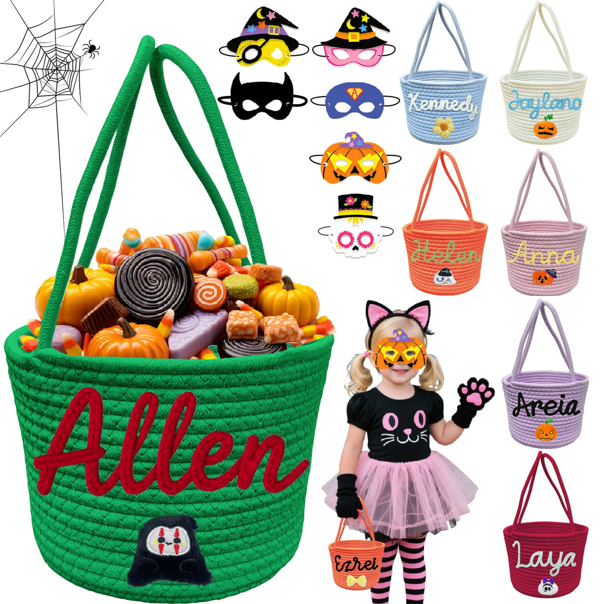 Personalized Halloween Basket Trick or Treat Bag Customized Name Custom Halloween Candy Buckets Gift for Boys Girls,Green