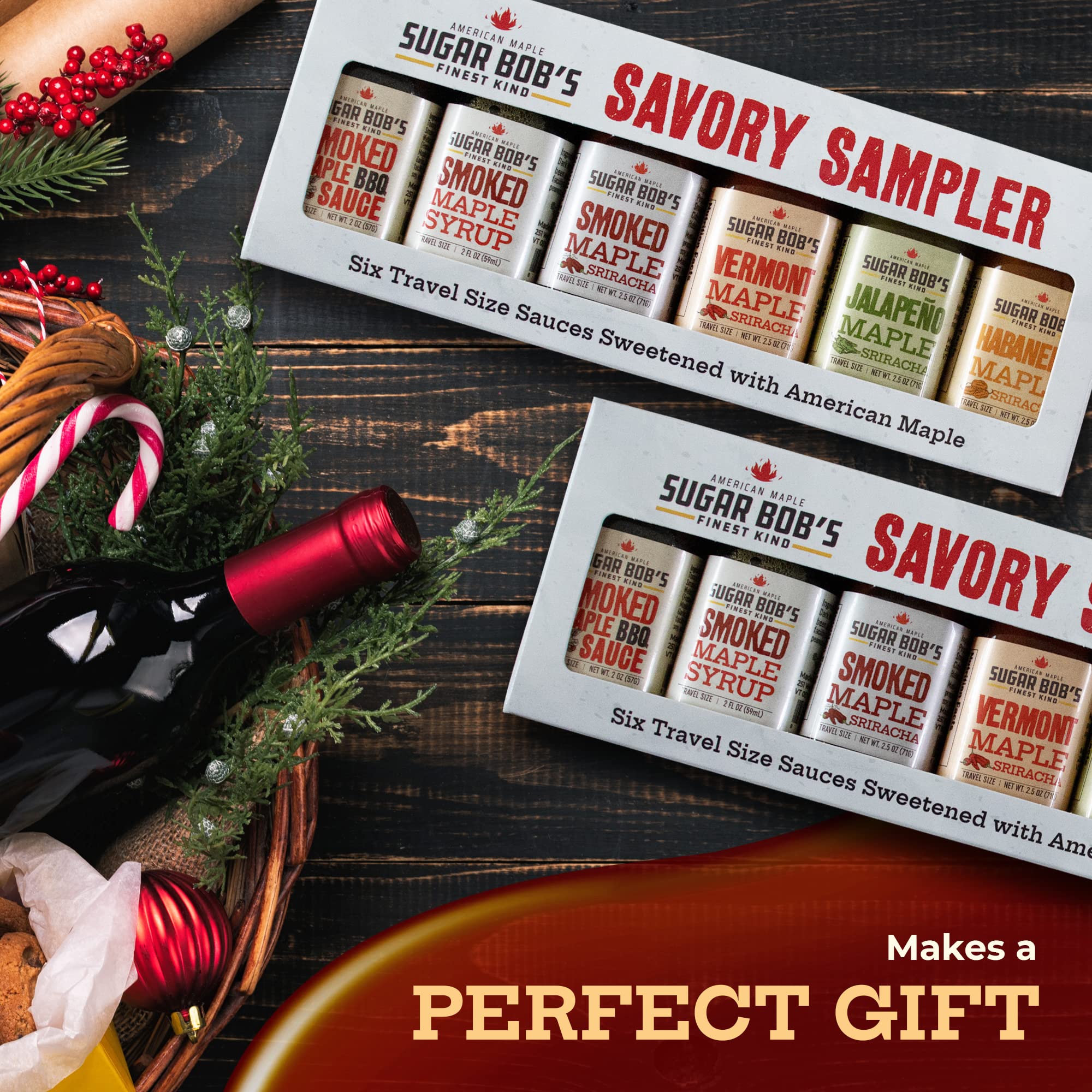 Sugar Bob's Finest Kind - Savory Maple Pantry 6 Flavor Variety Pack - Smoked Maple Syrup, BBQ Sauce, Maple Sriracha Hot Sauces & More - 2 oz Size