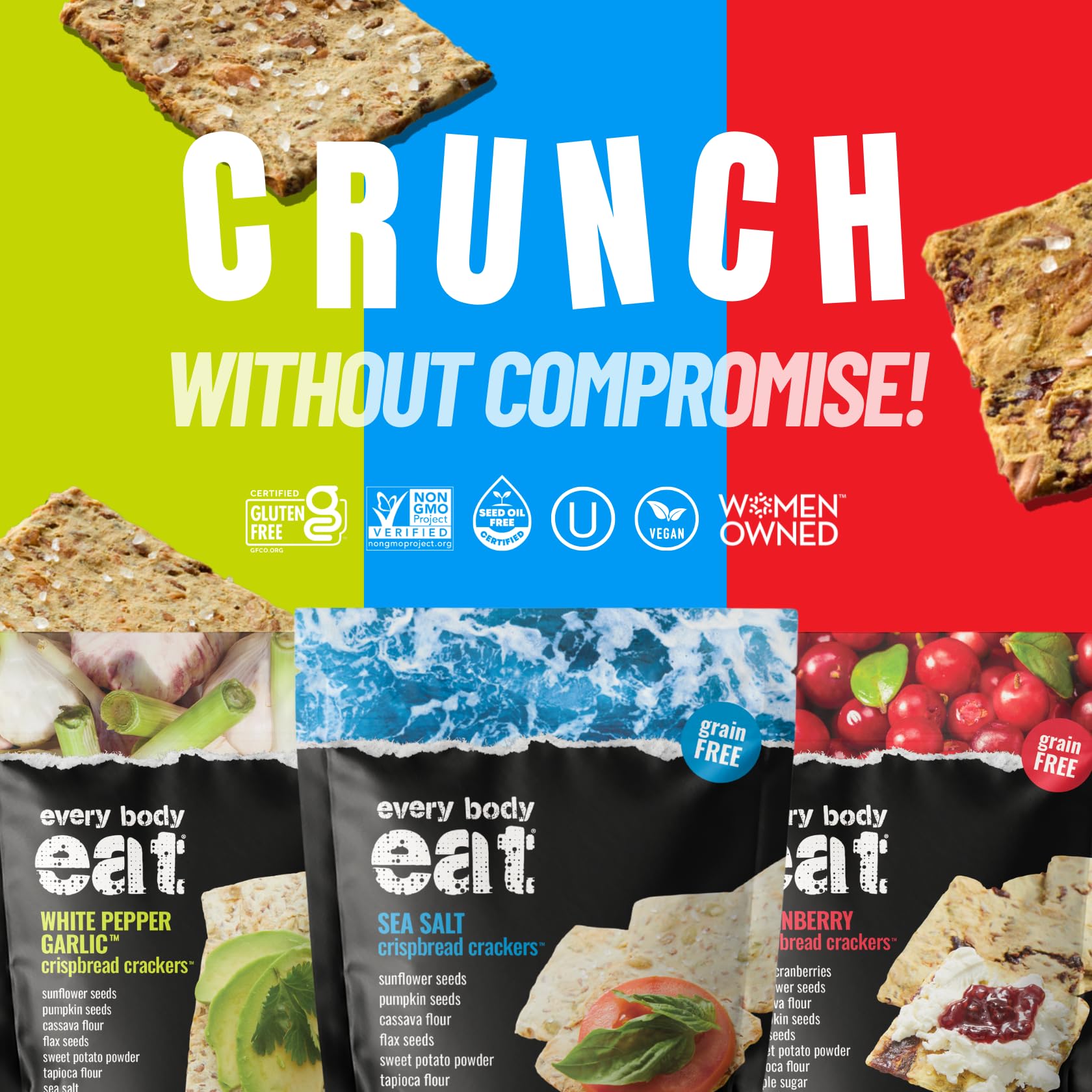 Every Body Eat Crispbread Crackers, Variety Pack - Gluten Free, Grain Free, Vegan, Dairy Free, and Seed Oil Free (5 Ounce Pack of 3)
