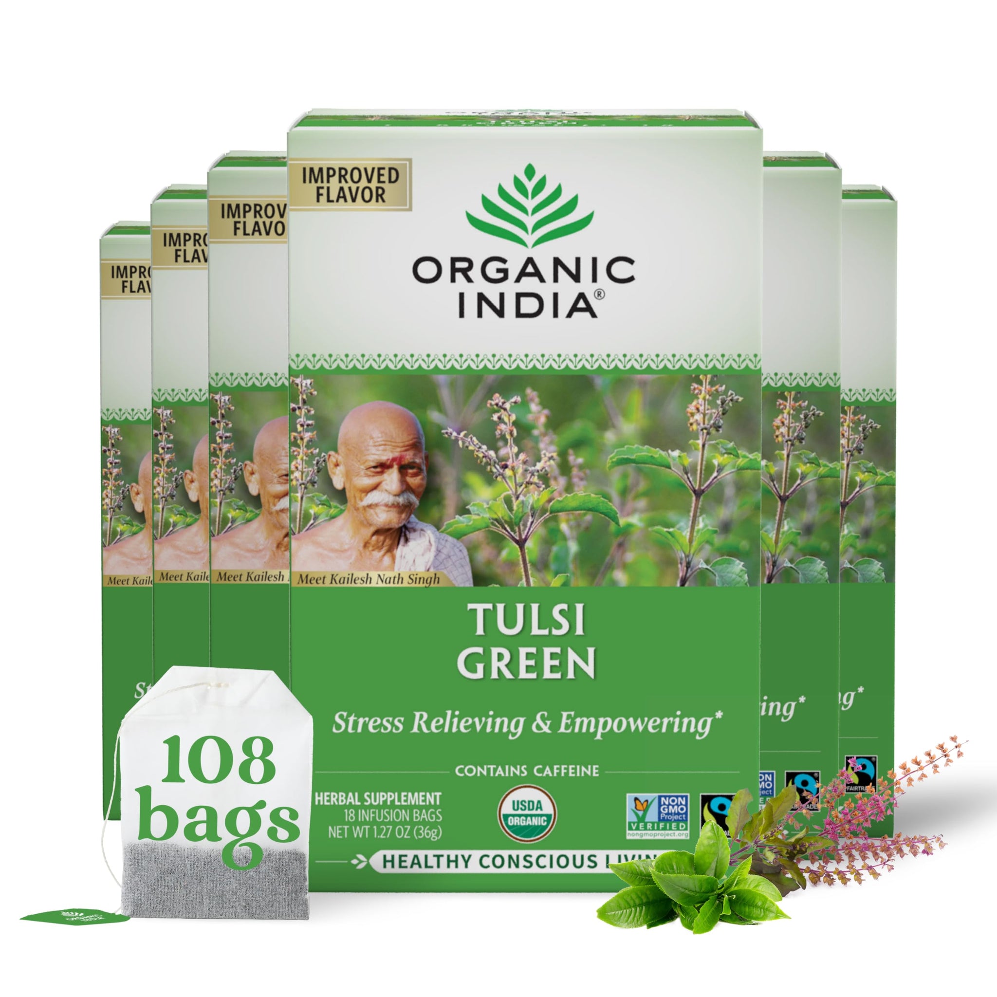 Organic India Tulsi Green Herbal Tea - Stress Relieving & Balancing, Immune Support, Adaptogen, Vegan, USDA Certified Organic, Caffeine-Free - 18