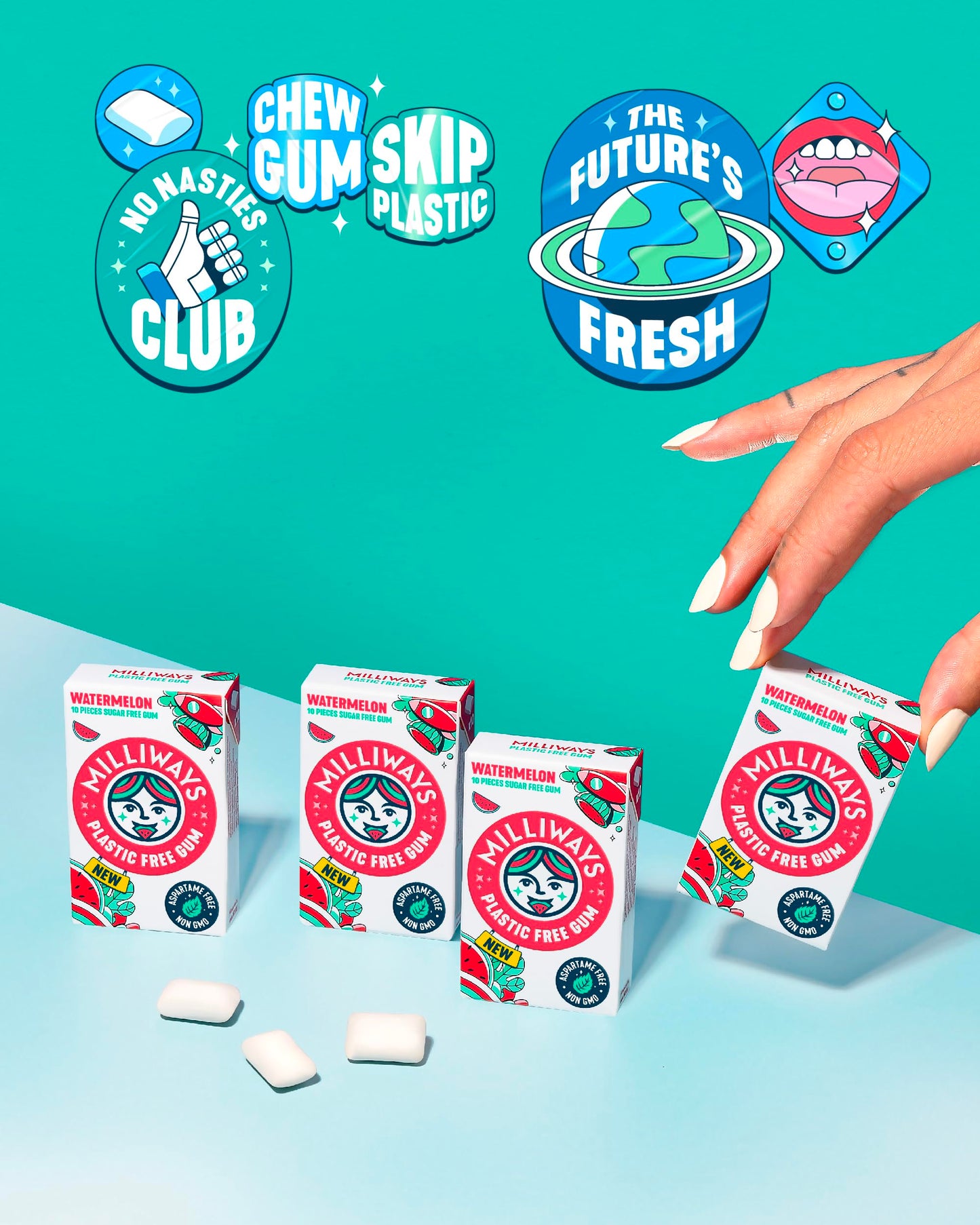 Milliways Watermelon | Plastic Free Gum | Xylitol, Aspartame-Free, Sugar-Free, Plant-Based, Natural Chewing Gum | 120 Pieces Total (12 Packs of 10