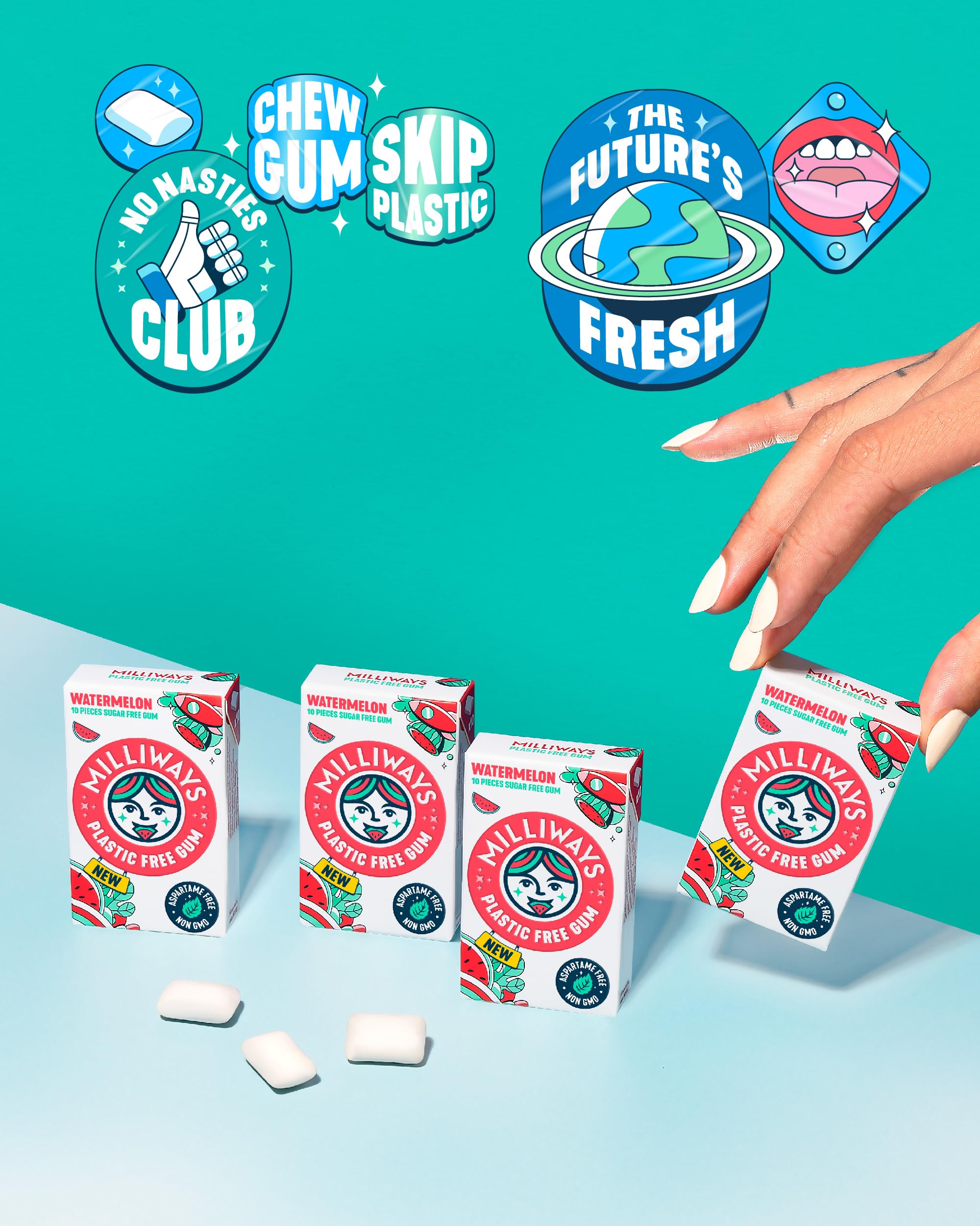 Milliways Watermelon | Plastic Free Gum | Xylitol, Aspartame-Free, Sugar-Free, Plant-Based, Natural Chewing Gum | 120 Pieces Total (12 Packs of 10