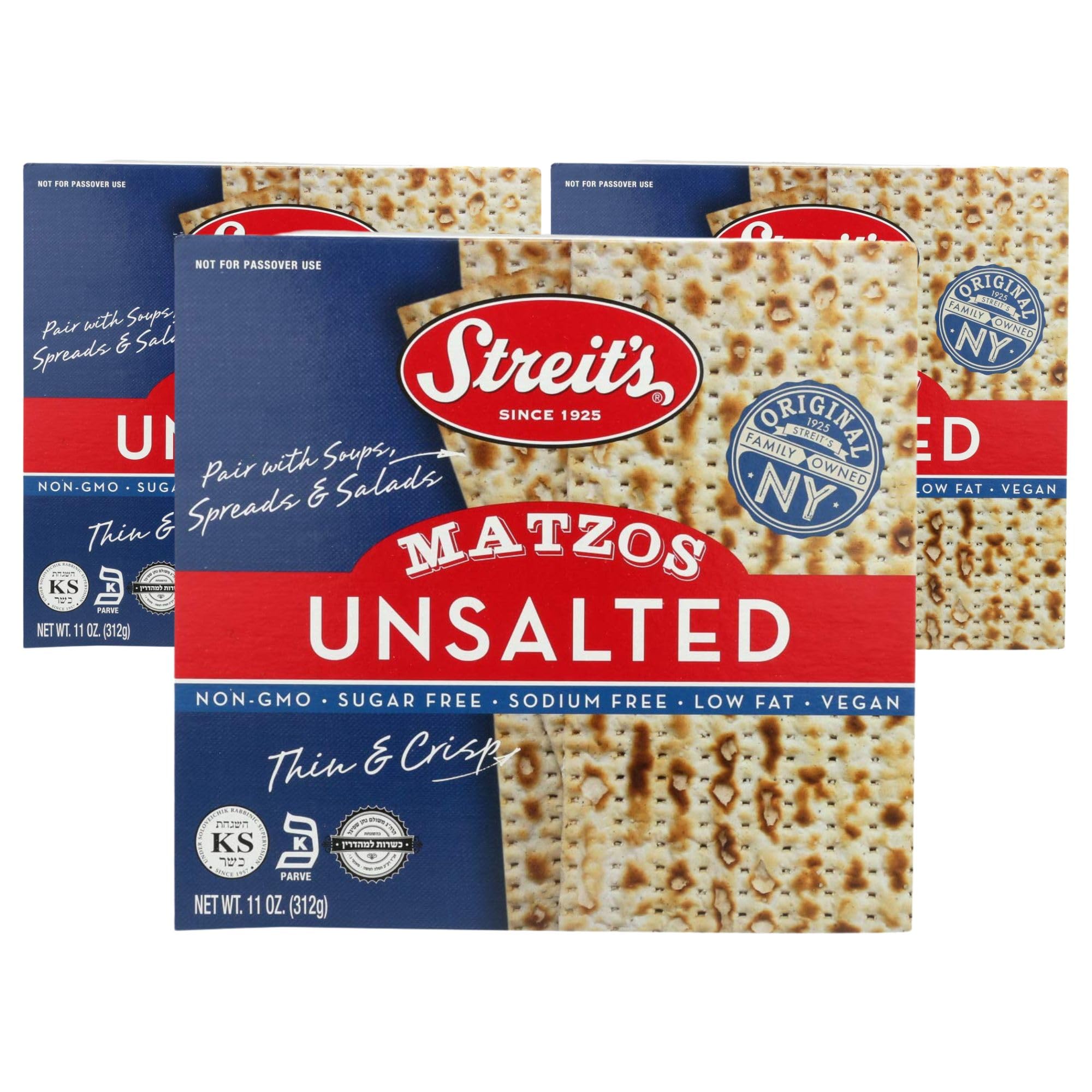 Streit's Unsalted Matzo - Thin & Crispy, Non-GMO, Sodium Free, Low Fat, Vegan, Family Owned, Kosher Certified, Pair with Soups, Spreads & Salads