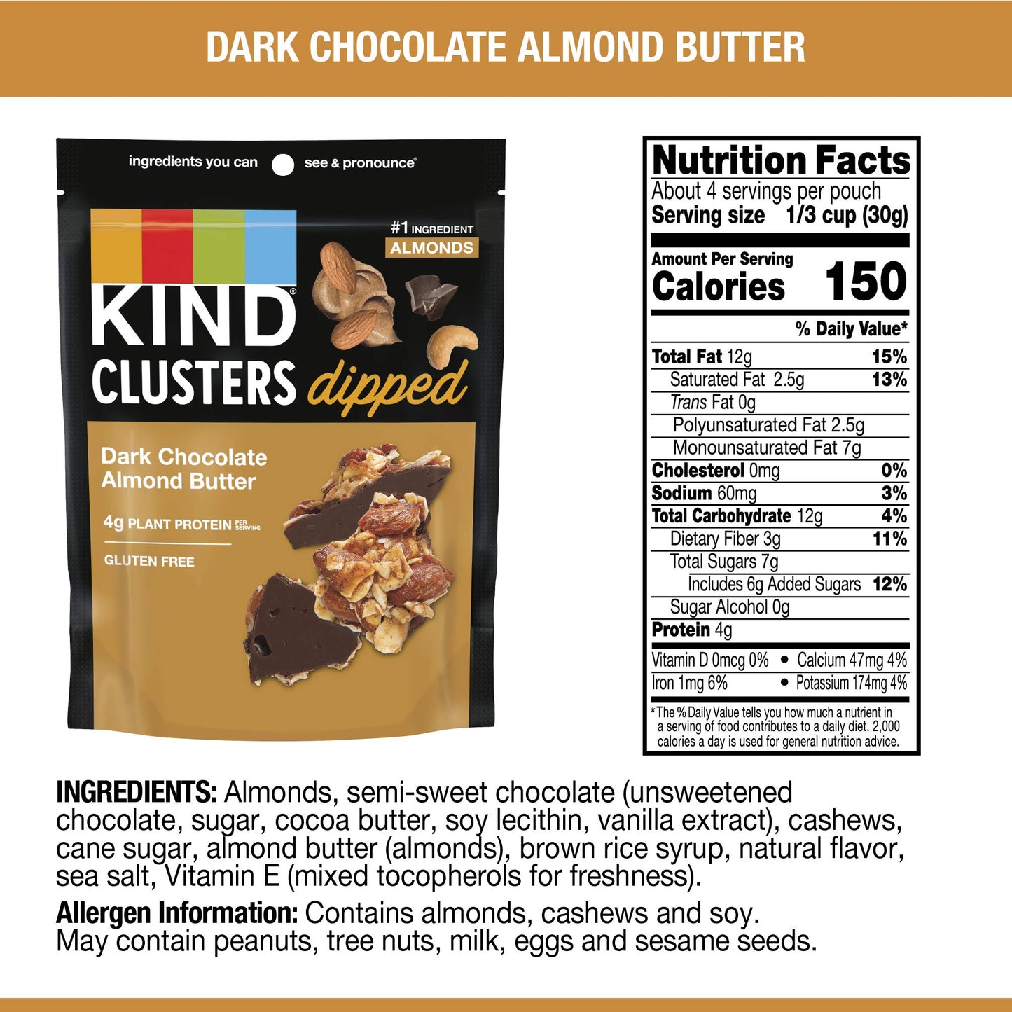 KIND Snack Clusters Dipped, Dark Chocolate Almond Butter, Gluten Free, 4g Protein, 4 Ounce , 8Count