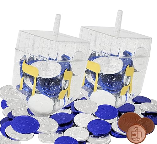 The Dreidel Company 2-Pack Dreidel Filled with Blue and Silver Hanukkah Gelt Coins, 10 Hanukkah Gelt Per Dreidel Total 20 Blue and Silver Coins
