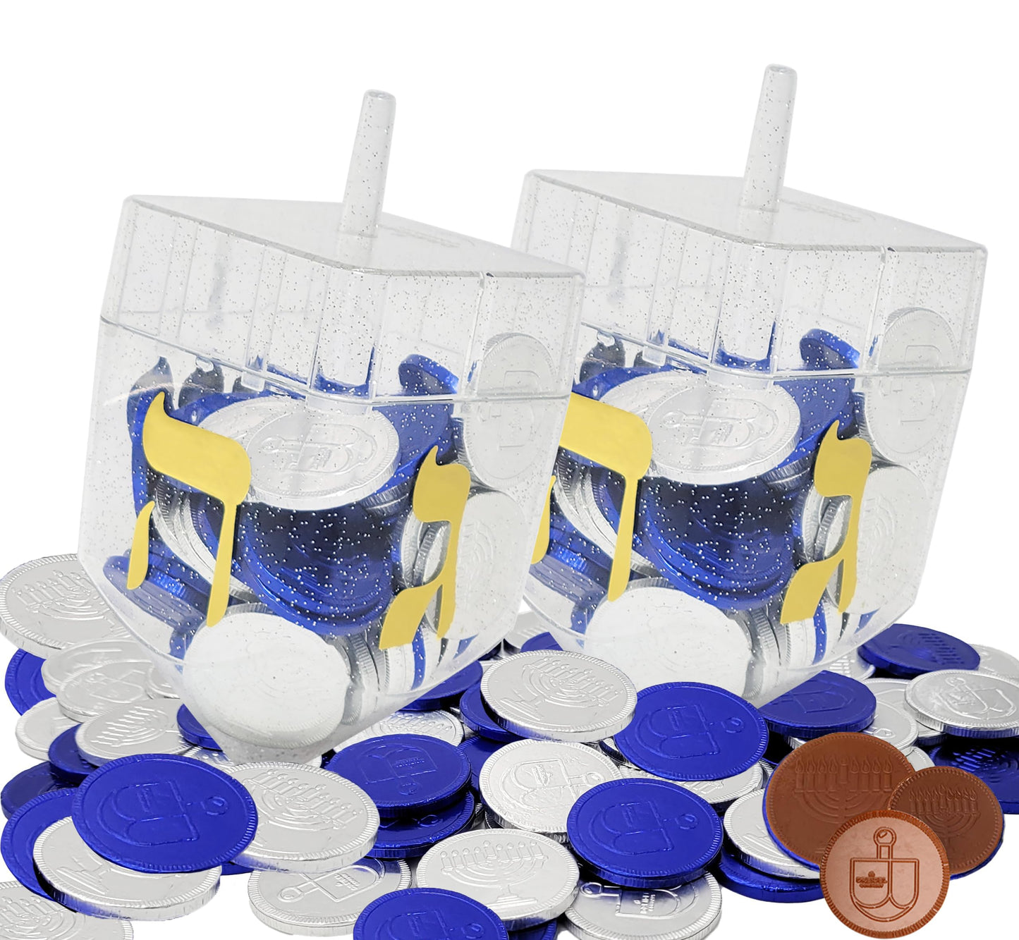 The Dreidel Company 2-Pack Dreidel Filled with Blue and Silver Hanukkah Gelt Coins, 10 Hanukkah Gelt Per Dreidel Total 20 Blue and Silver Coins
