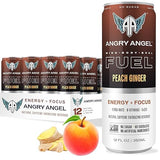 Angry Angel Peach Ginger Natural Energy + Focus Drink (12 count) - Zero Sugar - Natural Caffeine from Yerba Mate - CoQ10 - B Vitamins - 12 oz Cans
