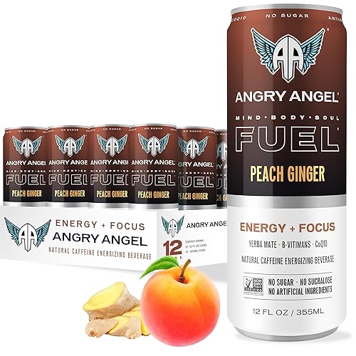 Angry Angel Peach Ginger Natural Energy + Focus Drink (12 count) - Zero Sugar - Natural Caffeine from Yerba Mate - CoQ10 - B Vitamins - 12 oz Cans