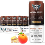 Angry Angel Peach Ginger Natural Energy + Focus Drink (12 count) - Zero Sugar - Natural Caffeine from Yerba Mate - CoQ10 - B Vitamins - 12 oz Cans