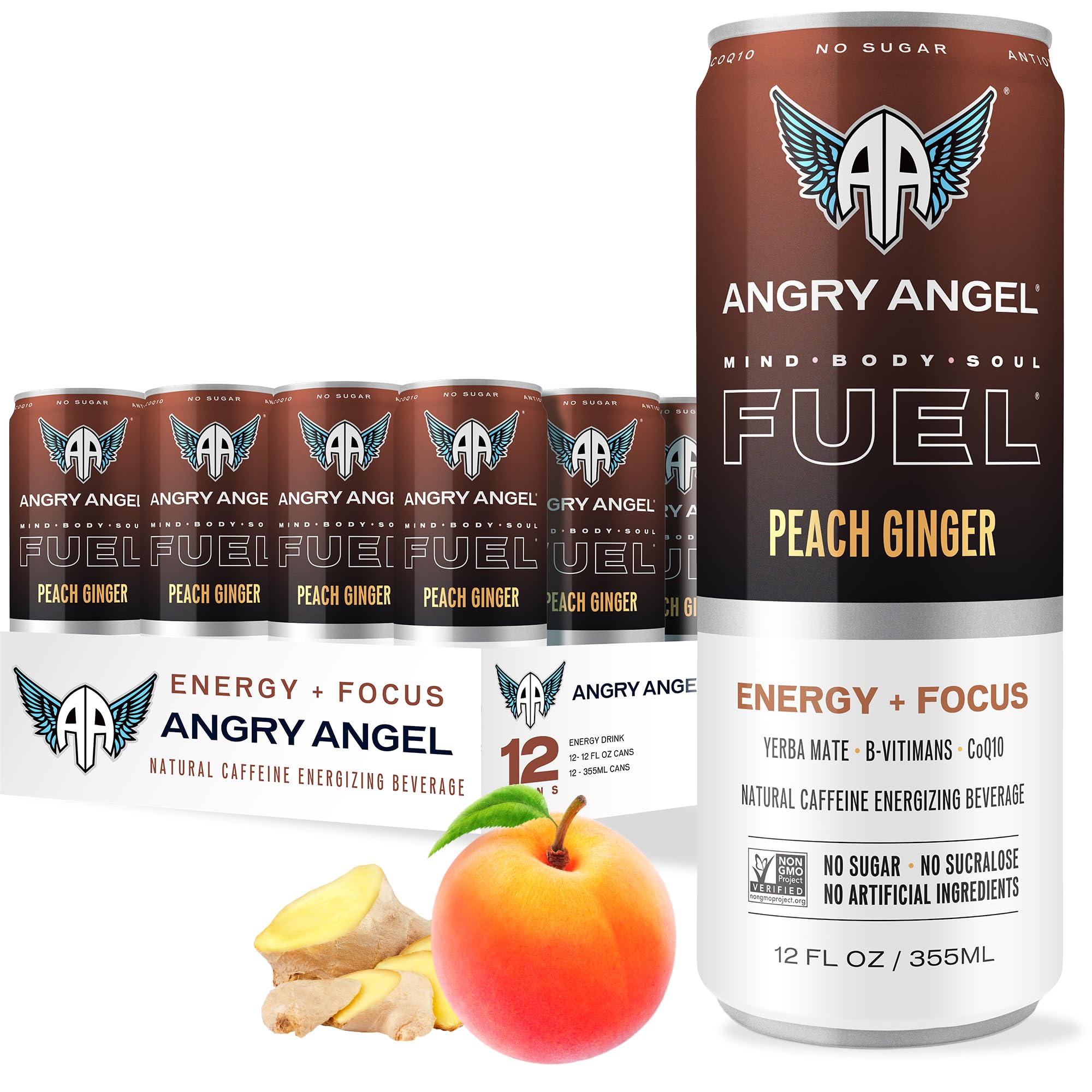 Angry Angel Peach Ginger Natural Energy + Focus Drink (12 count) - Zero Sugar - Natural Caffeine from Yerba Mate - CoQ10 - B Vitamins - 12 oz Cans
