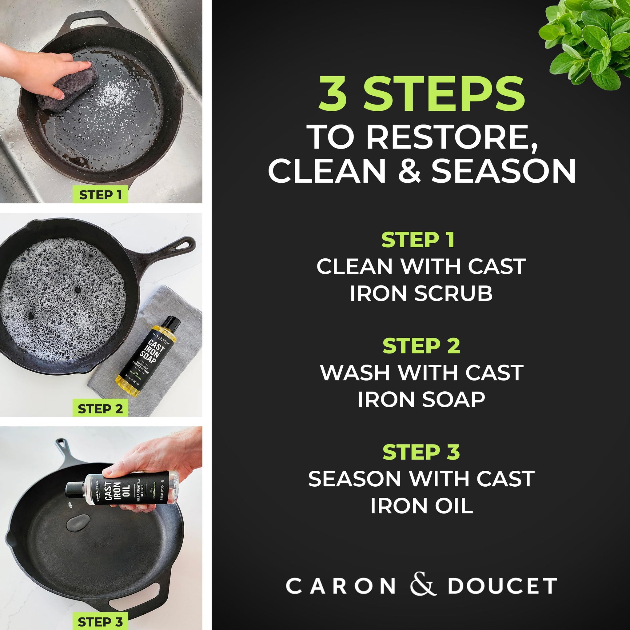 CARON & DOUCET - Ultimate Cast Iron Set: Seasoning Oil, Cleaning Soap & Restoring Scrub | 100% Plant-Based & Best for Cleaning Care, Washing
