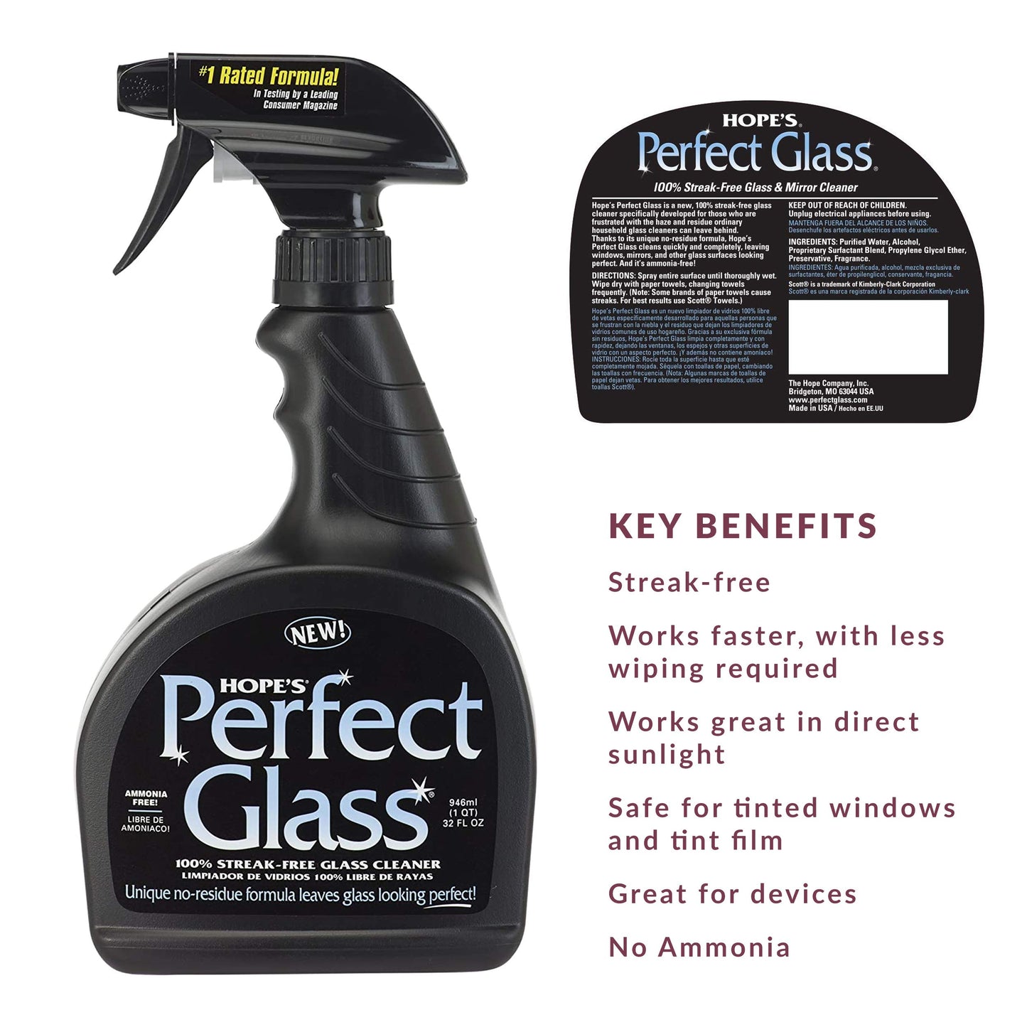 HOPE'S Perfect Glass Cleaner Spray, Streak-Free, Ammonia-Free Window, Mirror, Screen, Tinted Glass, and Shower Door Cleaner, Indoor and Outdoor Glass
