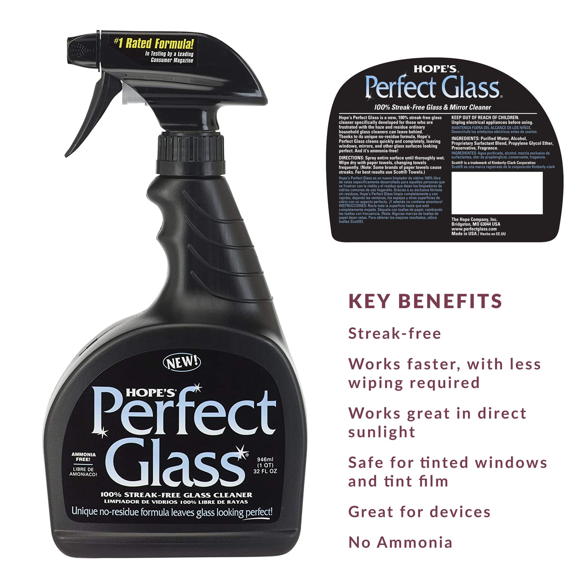 HOPE'S Perfect Glass Cleaner Spray, Streak-Free, Ammonia-Free Window, Mirror, Screen, Tinted Glass, and Shower Door Cleaner, Indoor and Outdoor Glass