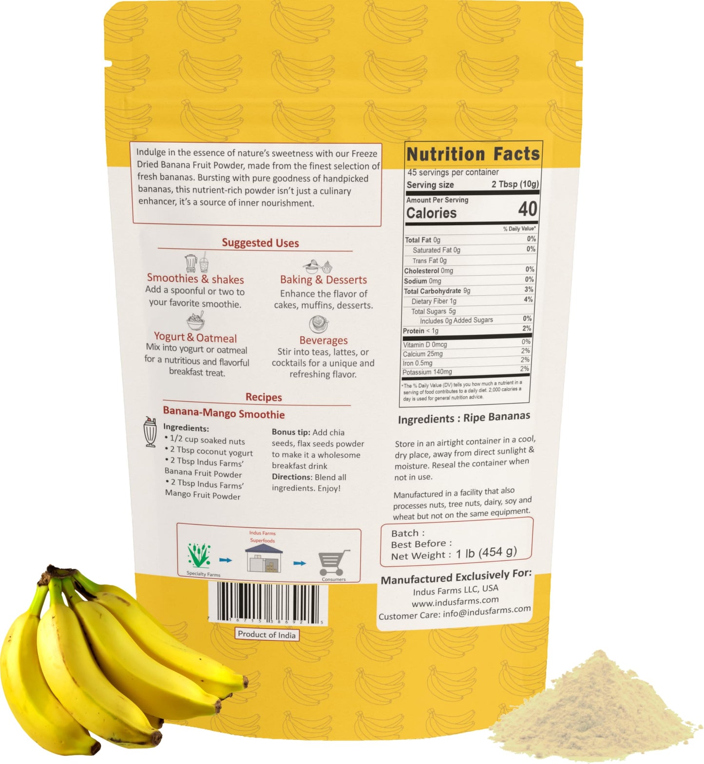 Indus Farms Freeze Dried Banana Fruit Powder | Wholesome Flavor for Smoothies, Baking, Cereals, Frostings, Energy Bars | Natural Sweetener |