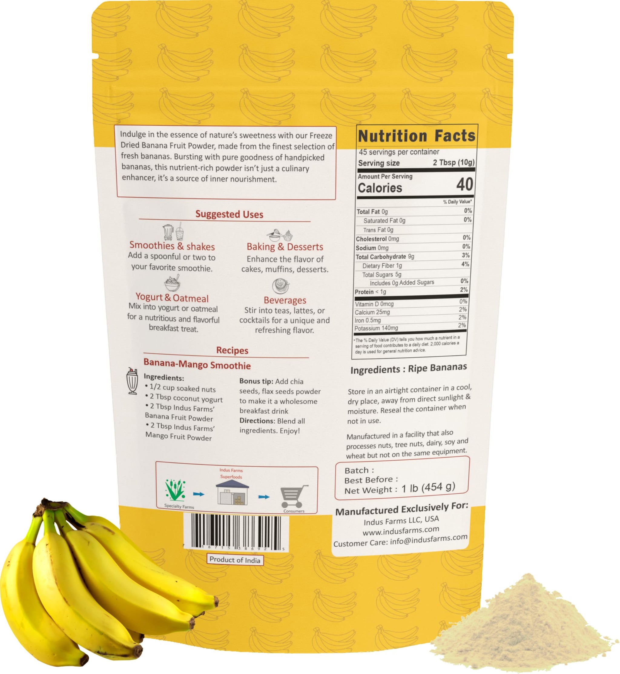 Indus Farms Freeze Dried Banana Fruit Powder | Wholesome Flavor for Smoothies, Baking, Cereals, Frostings, Energy Bars | Natural Sweetener |