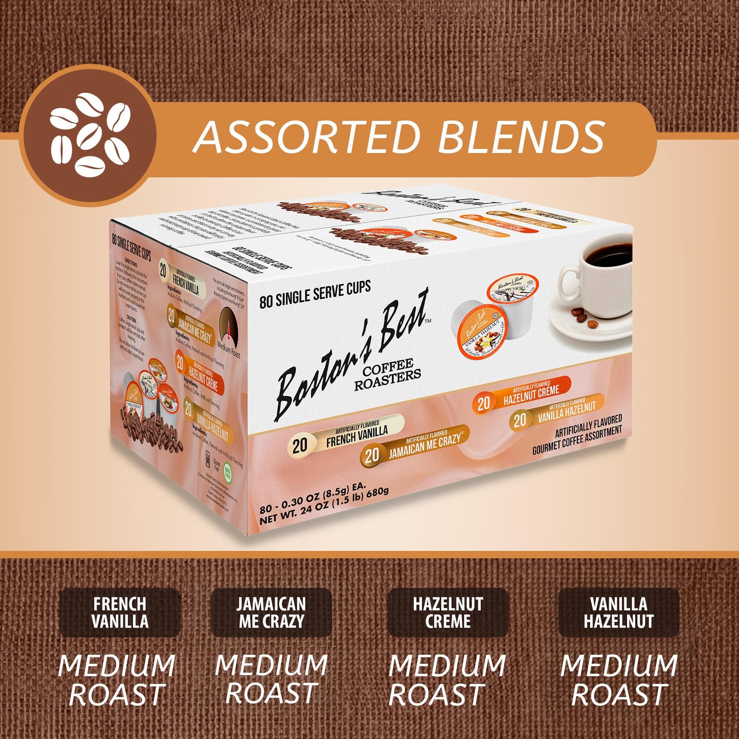 Boston’s Best Coffee Roasters Single Serve Cups - Assorted Coffee Pods - French Vanilla, Jamaican Me Crazy, Hazelnut Crème & Vanilla Hazelnut - 80 Ct