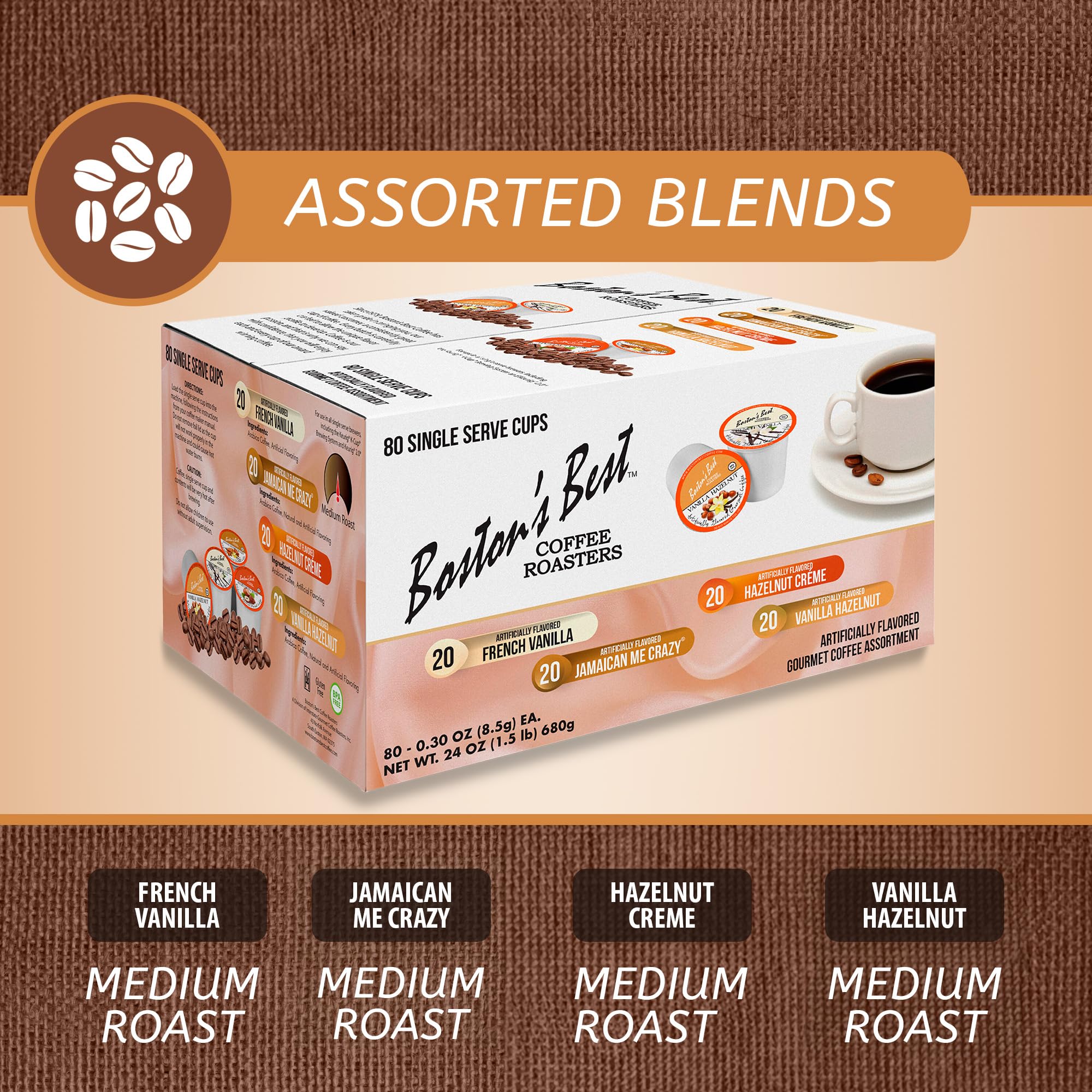 Boston’s Best Coffee Roasters Single Serve Cups - Assorted Coffee Pods - French Vanilla, Jamaican Me Crazy, Hazelnut Crème & Vanilla Hazelnut - 80 Ct