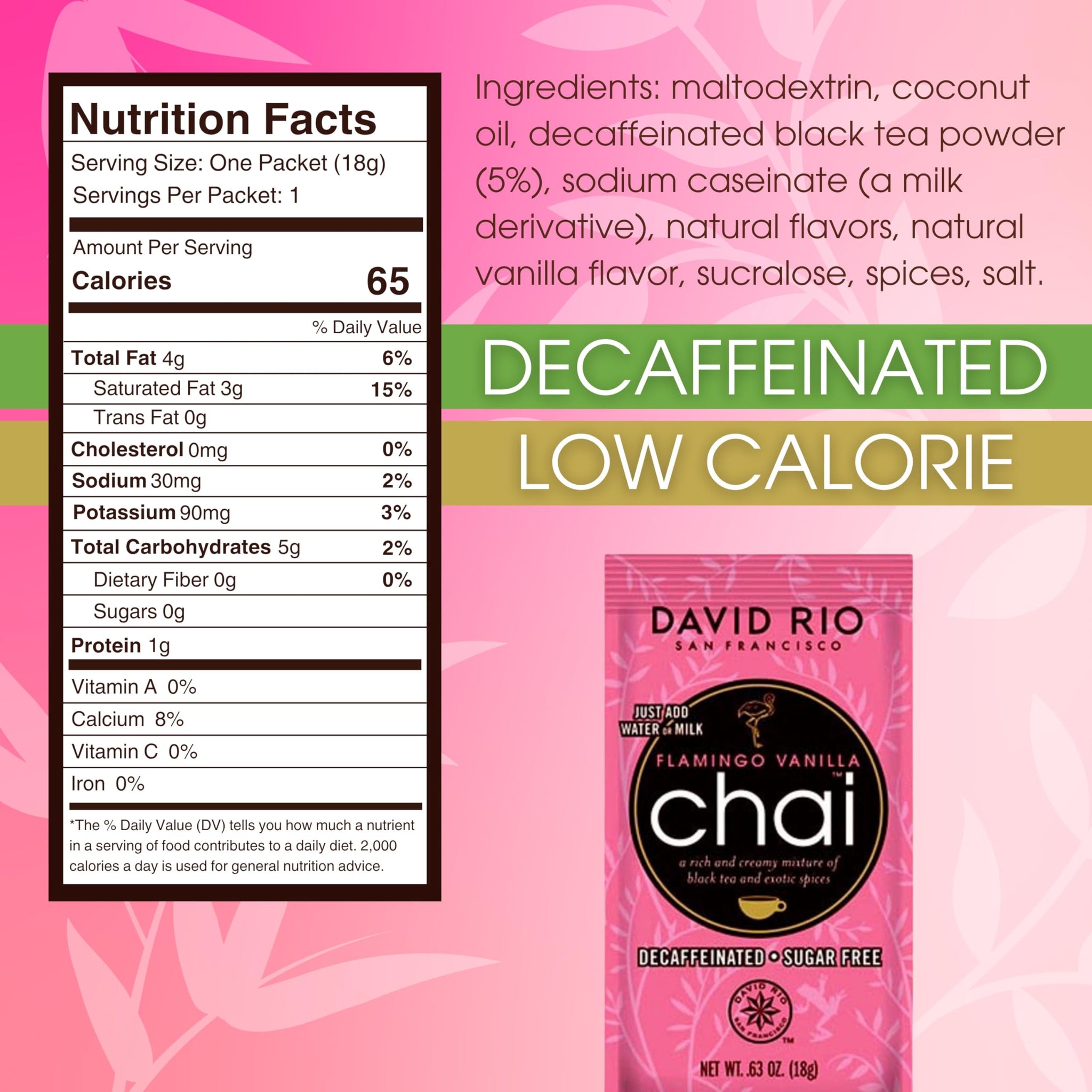 Flamingo Vanilla Decaffeinated Reduced Calorie Chai Tea Latte Mix, 0.63 Oz (Pack of 48), Single Serve Packets, Decaf Black Tea, Organic Spices, Sugar